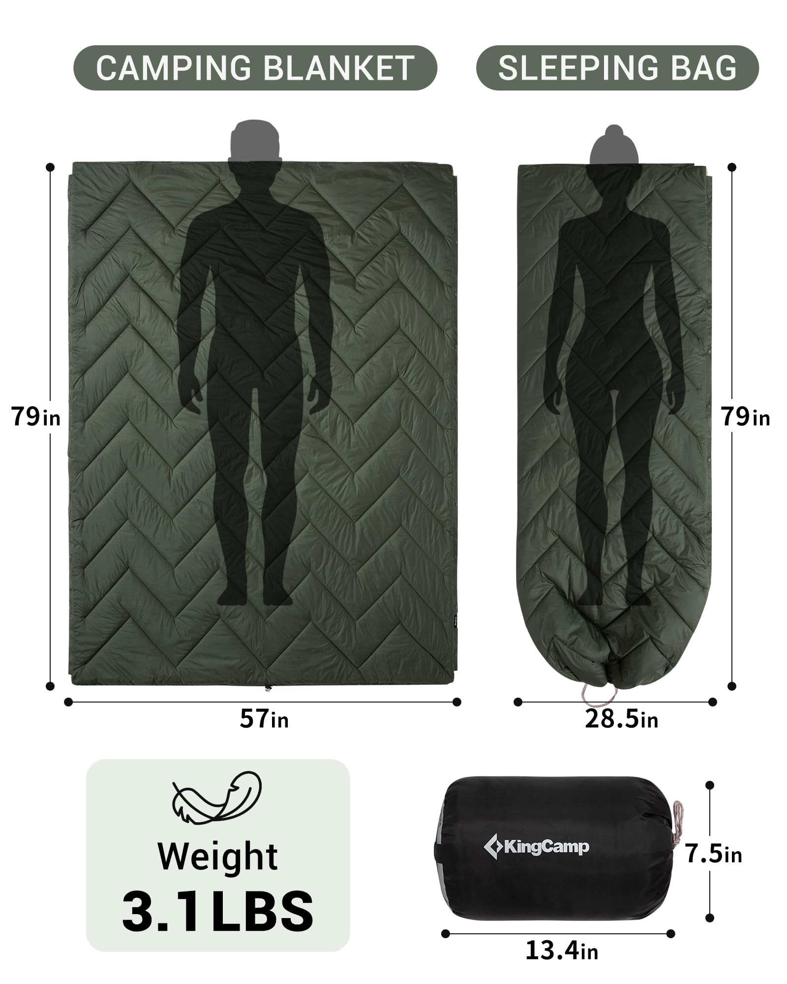 KingCamp Sherpa Sleeping Bag Blanket | 2-in-1 for Camping, Car & Home | Lightweight & Packable