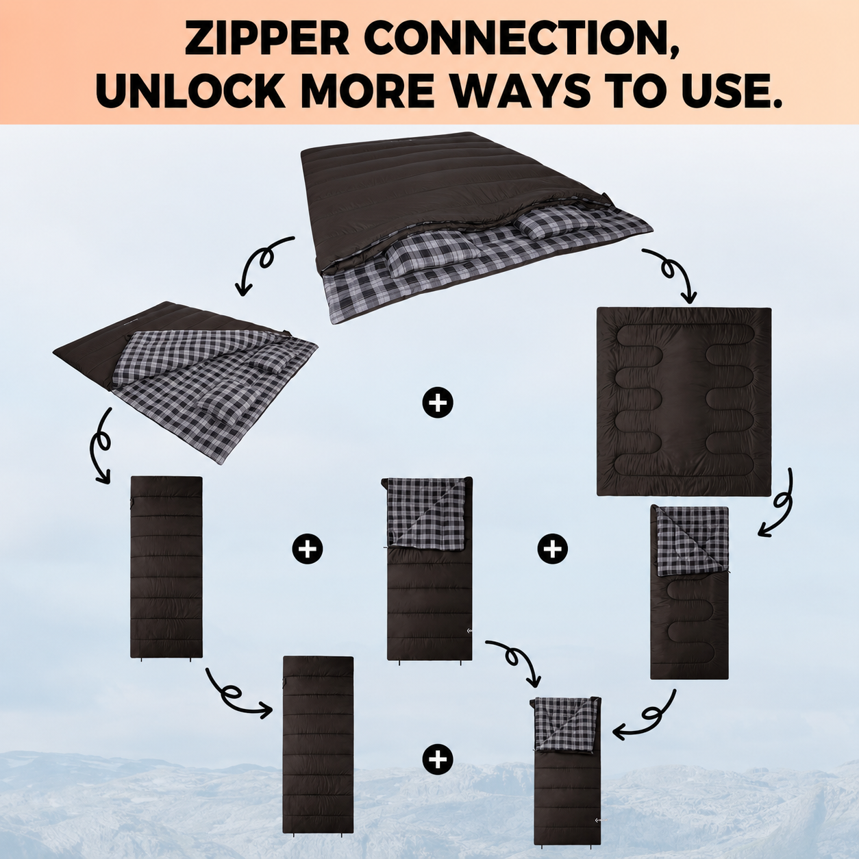 KingCamp Trippy C 450D 3-in-1 Double Sleeping Bag, 32°F Comfort Flannel-Lined 2-Person Camping Bag with Blanket & 2 Pillows
