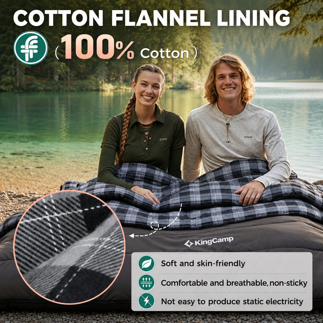KingCamp Trippy C 450D 3-in-1 Double Sleeping Bag, 32°F Comfort Flannel-Lined 2-Person Camping Bag with Blanket & 2 Pillows