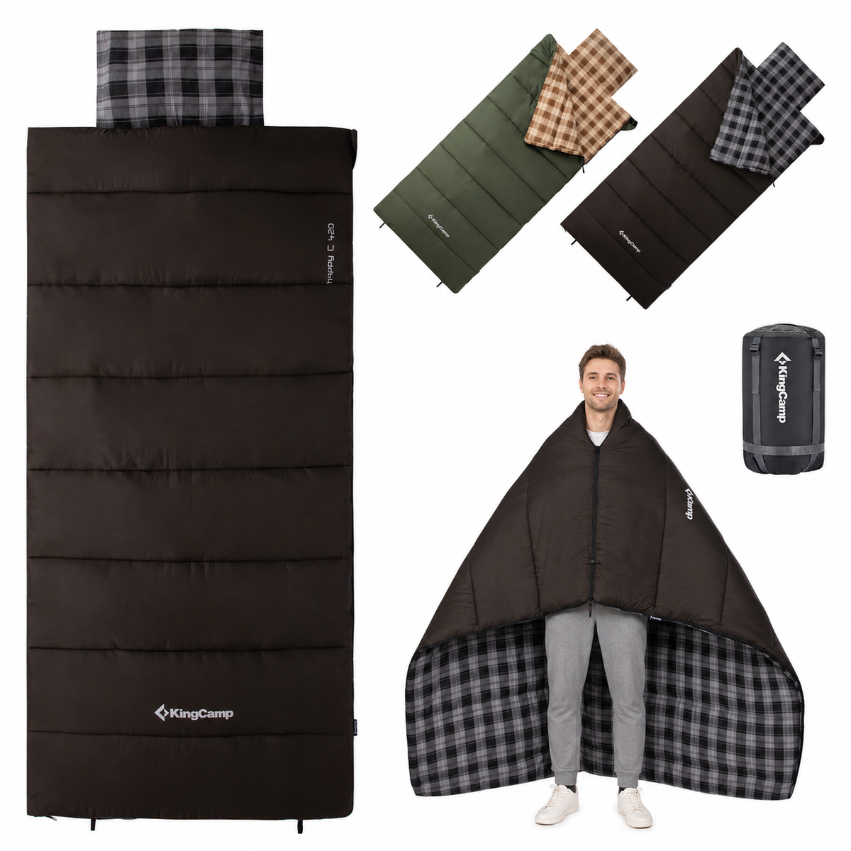 KingCamp Trippy C Flannel Sleeping Bag with Pillow, 75" x 33.5" Wide Rectangular Camping Sleeping Bag, Water-Resistant Convertible Blanket 350g/m2