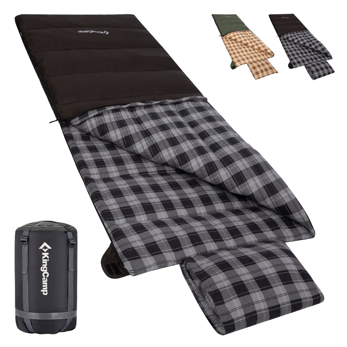 KingCamp Trippy C Flannel Sleeping Bag with Pillow, 75" x 33.5" Wide Rectangular Camping Sleeping Bag, Water-Resistant Convertible Blanket 250g/m2
