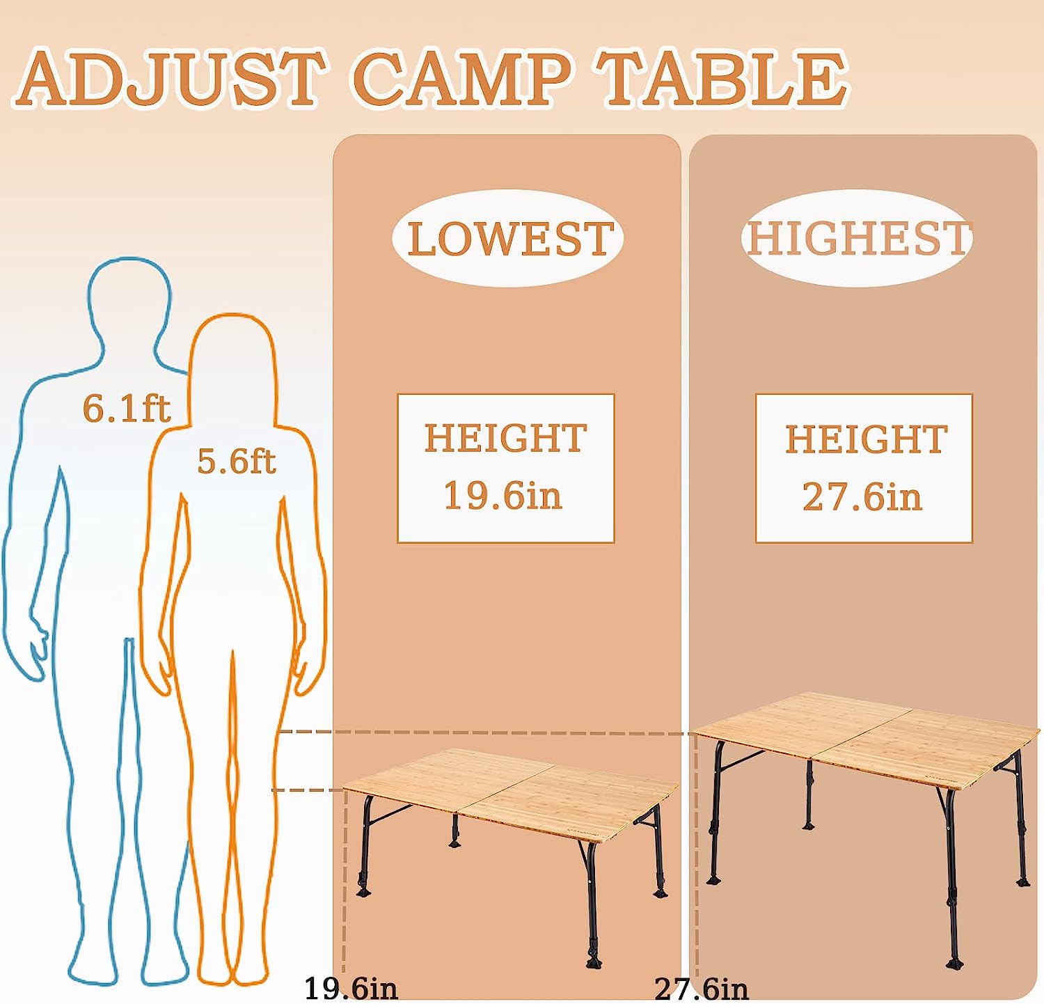 Adjustable Height Folding Bamboo Table