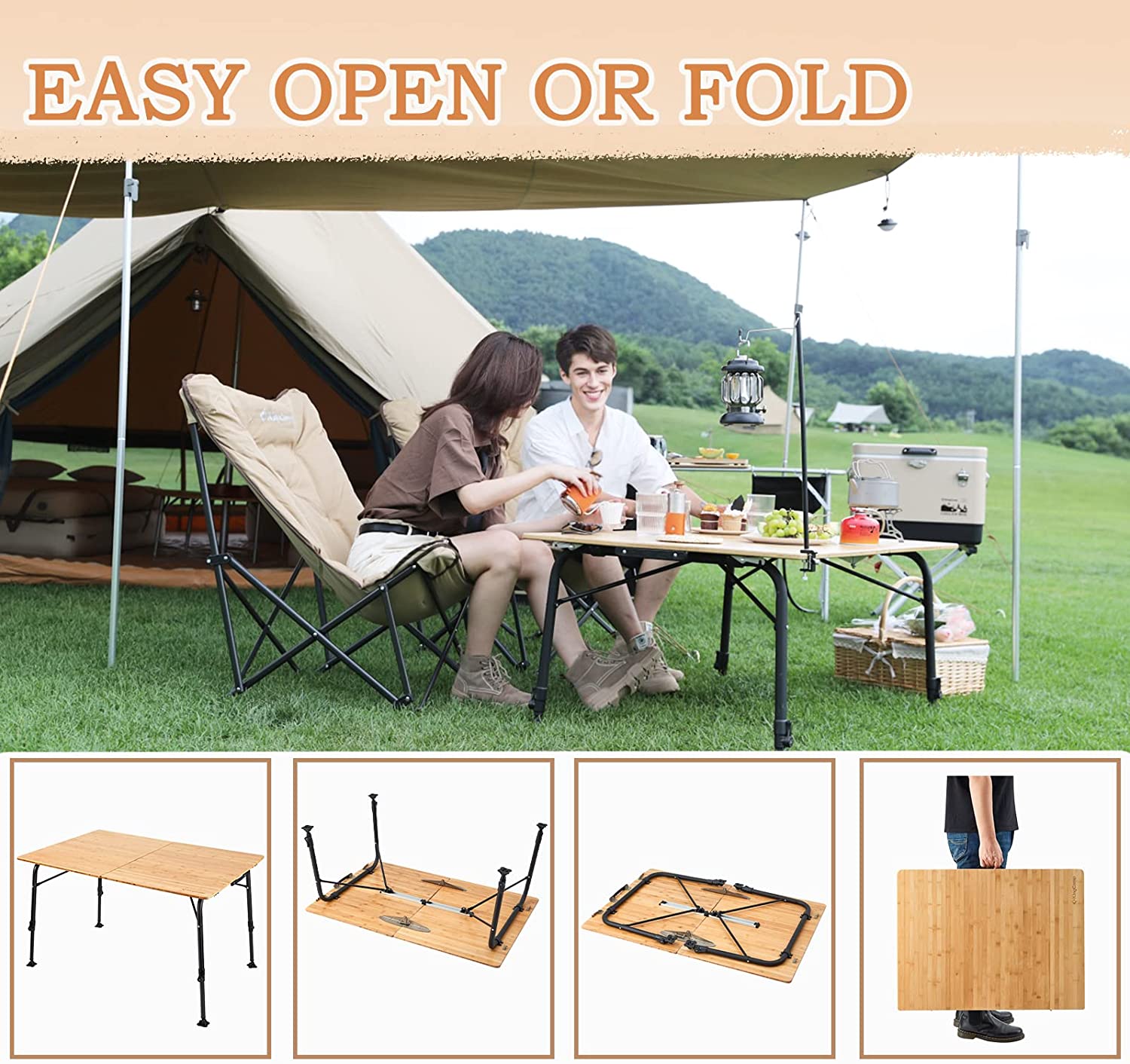 Adjustable Height Folding Bamboo Table