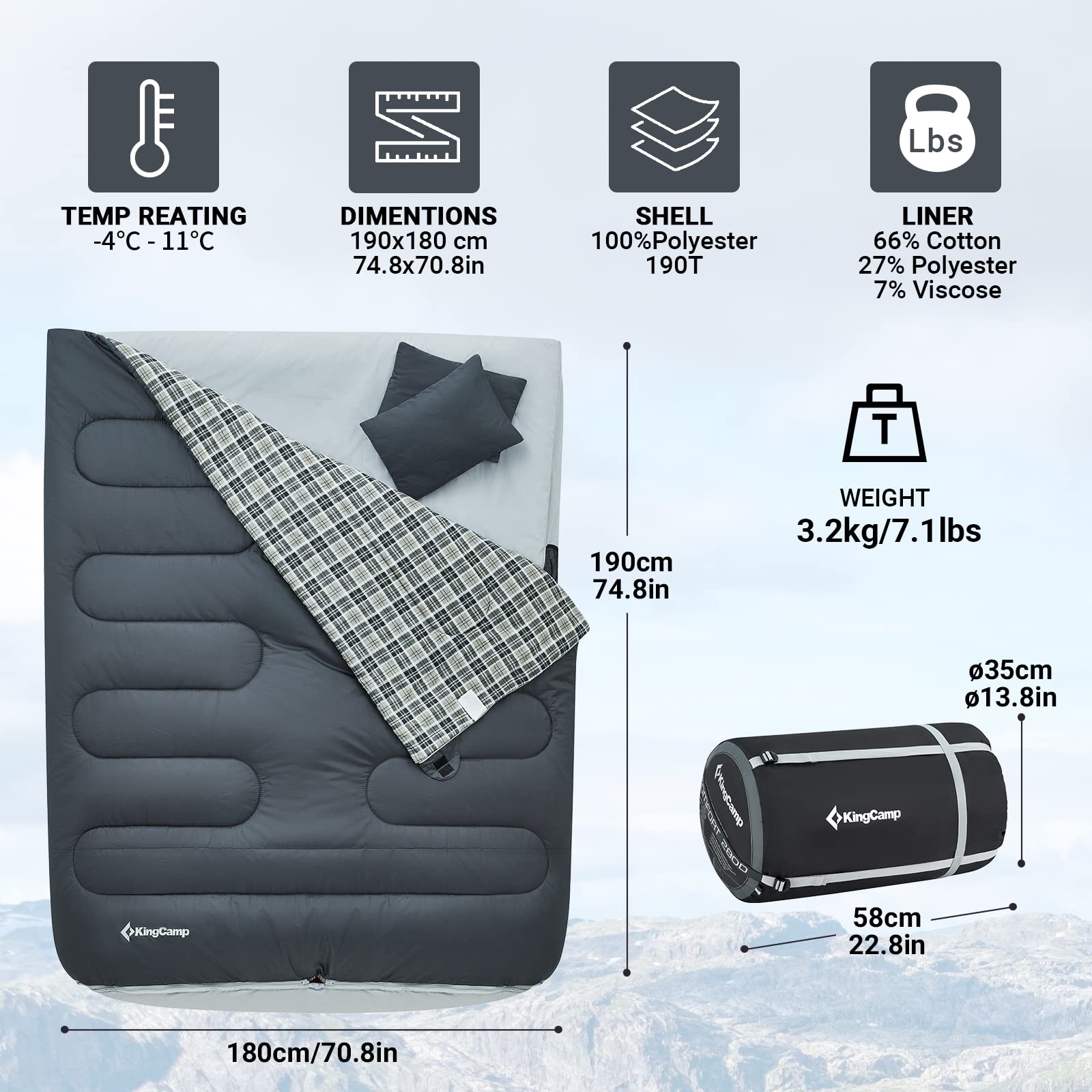 42F Versatile Double Envelope Sleeping Bag with Pillow