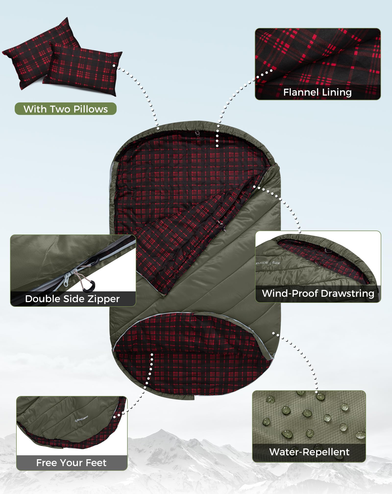 KingCamp FREESPACE 250D Flannel Double-Sized Sleeping Bag