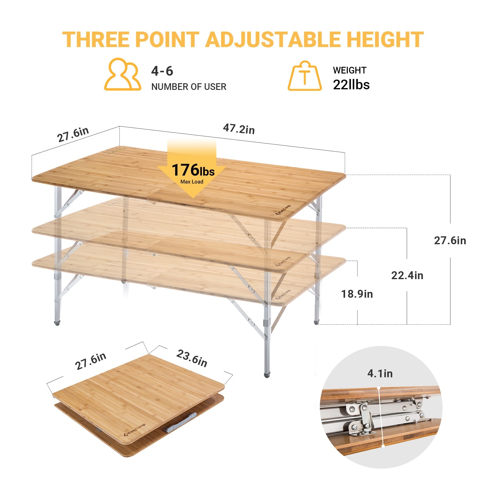 KingCamp Bamboo Three Heights 6 People Folding Table