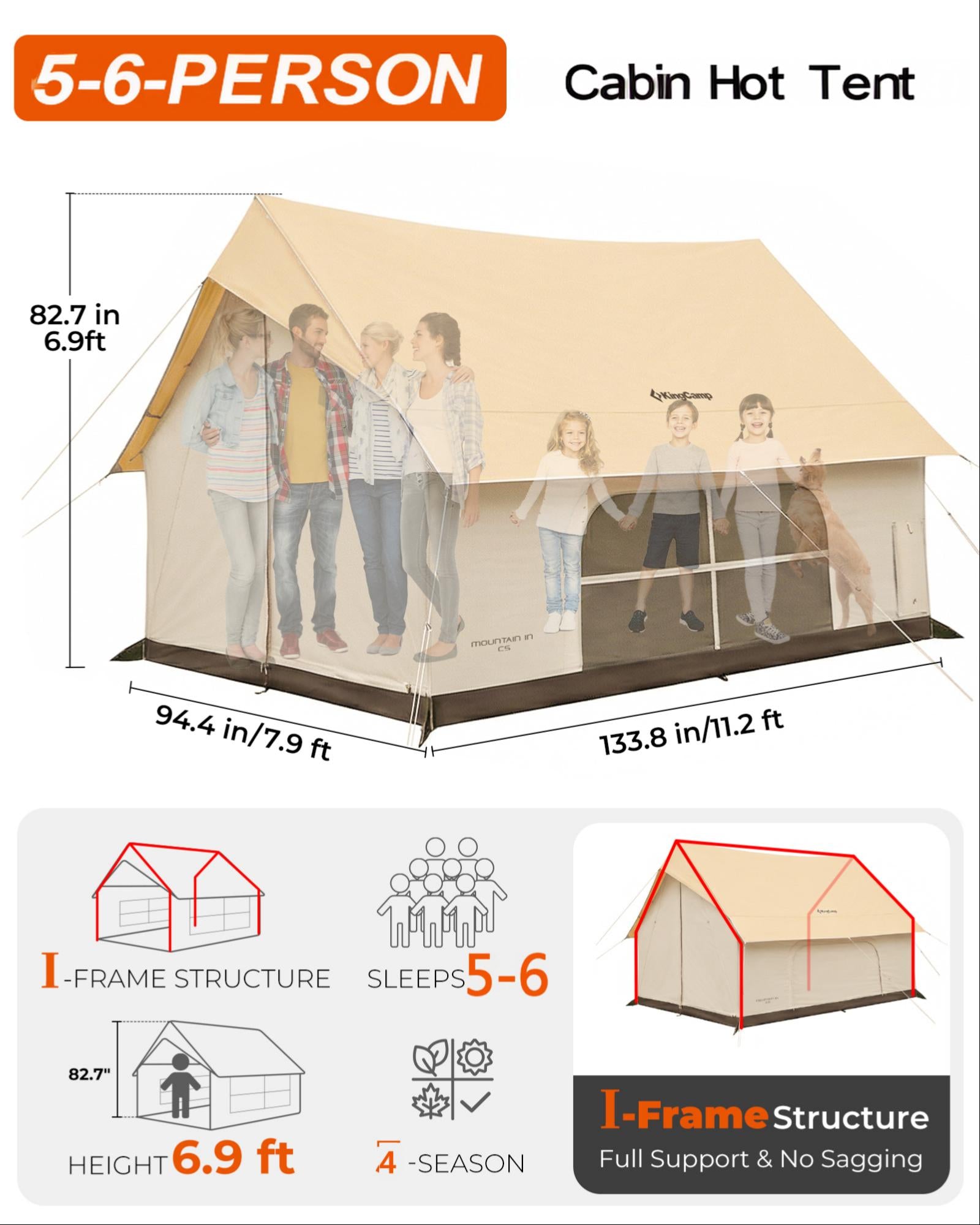 Pre‑Order, Delivers Late February | MOUNTAIN IN C5 Canvas Hot Tent | 5-6 Person Cabin Tent with Stove Jack
