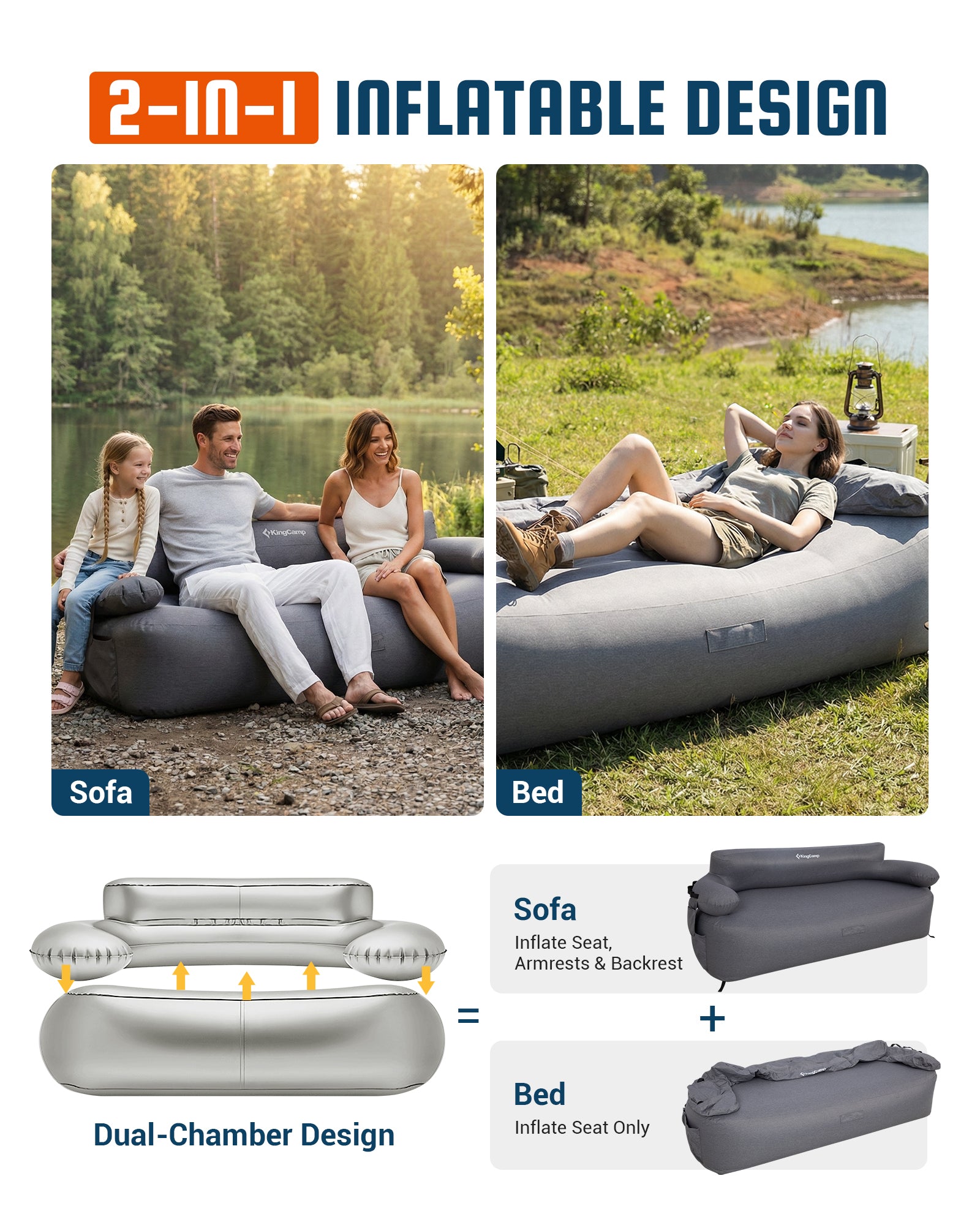 キングキャンプ Double Inflatable Camping Sofa with Built-in Electric Pump – KingCamp