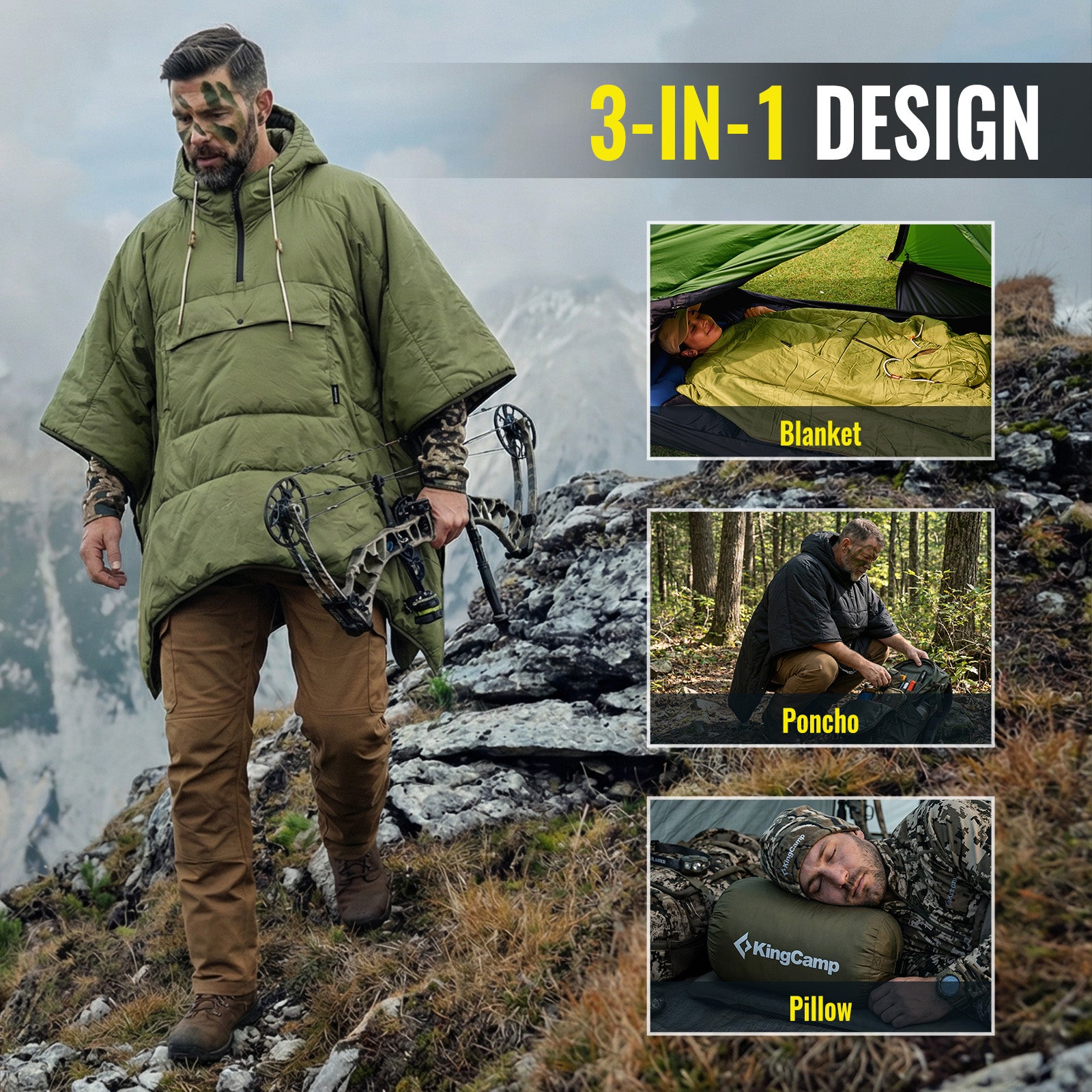 MURANO 180 Wearable 3-in-1 Convertible Camping Poncho with Kangaroo Pocket
