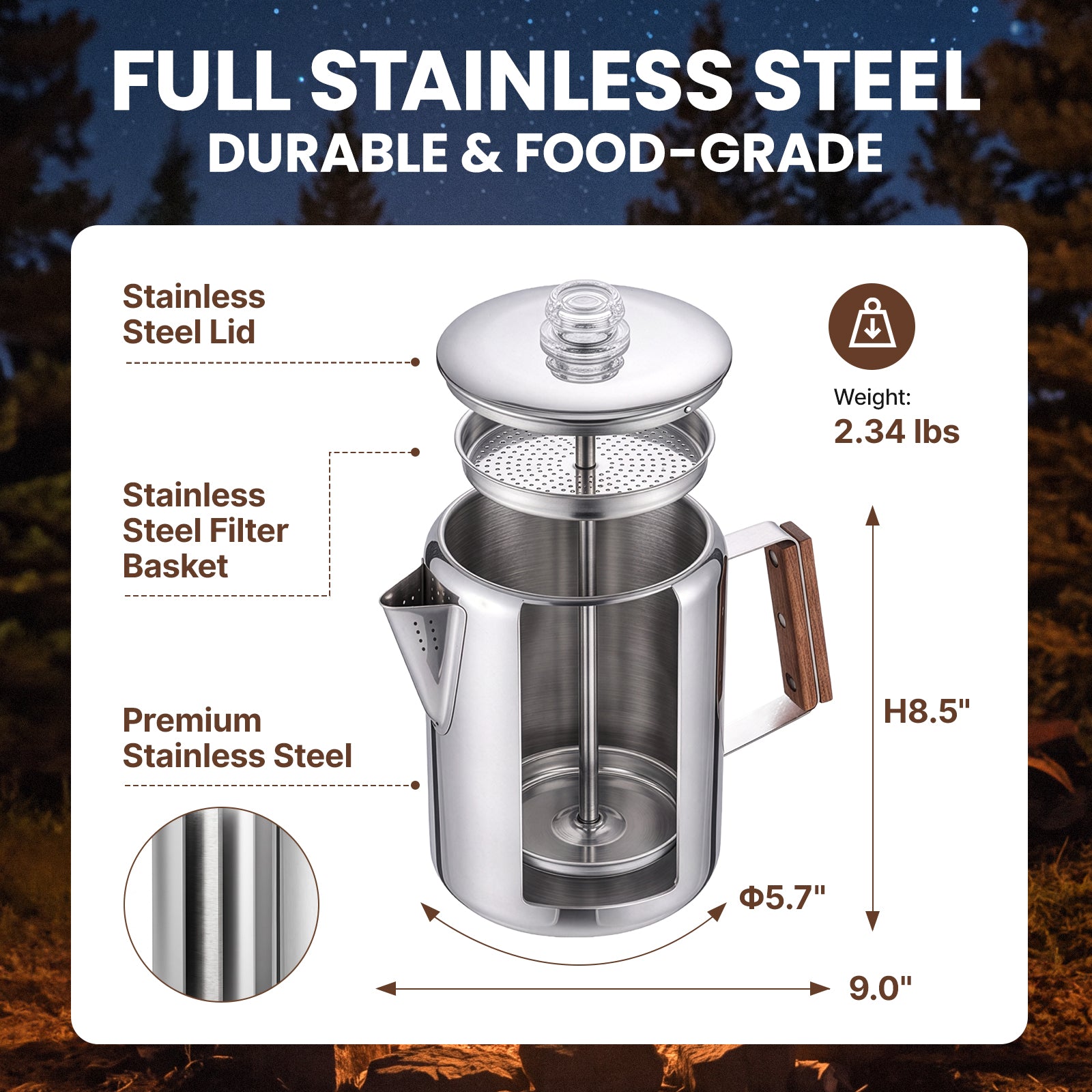 KingCamp Camping Coffee Pot, 12 Cup Stainless Steel Percolator