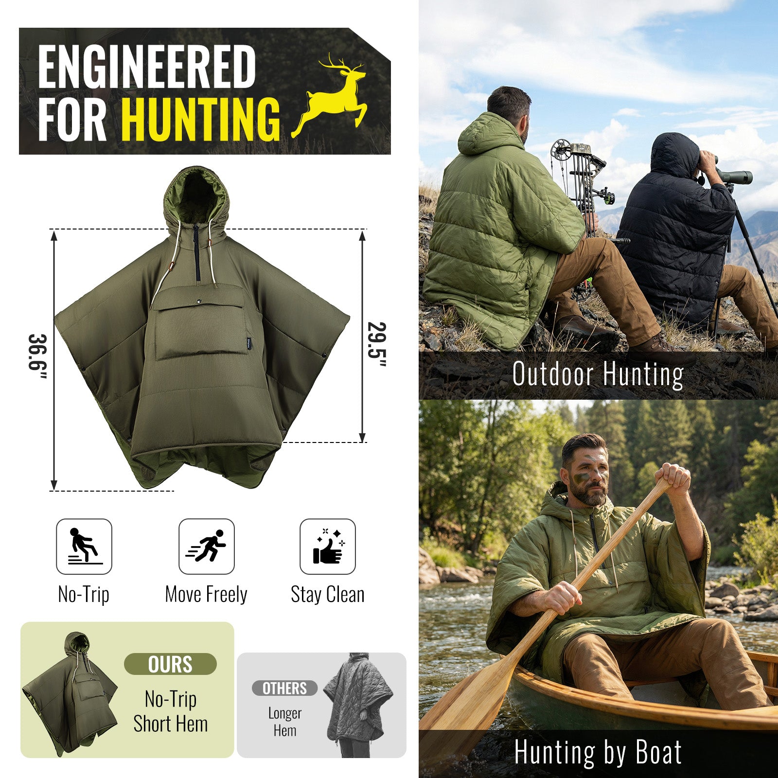 MURANO 180 Wearable 3-in-1 Convertible Camping Poncho with Kangaroo Pocket