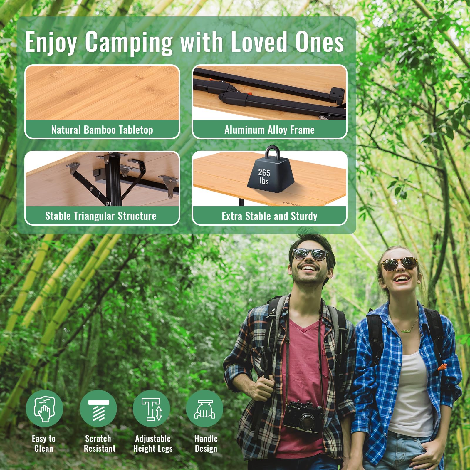 KingCamp BamAura 4Fold 10065 PLUS Bamboo Camping Table with Serrated Adjustable Legs