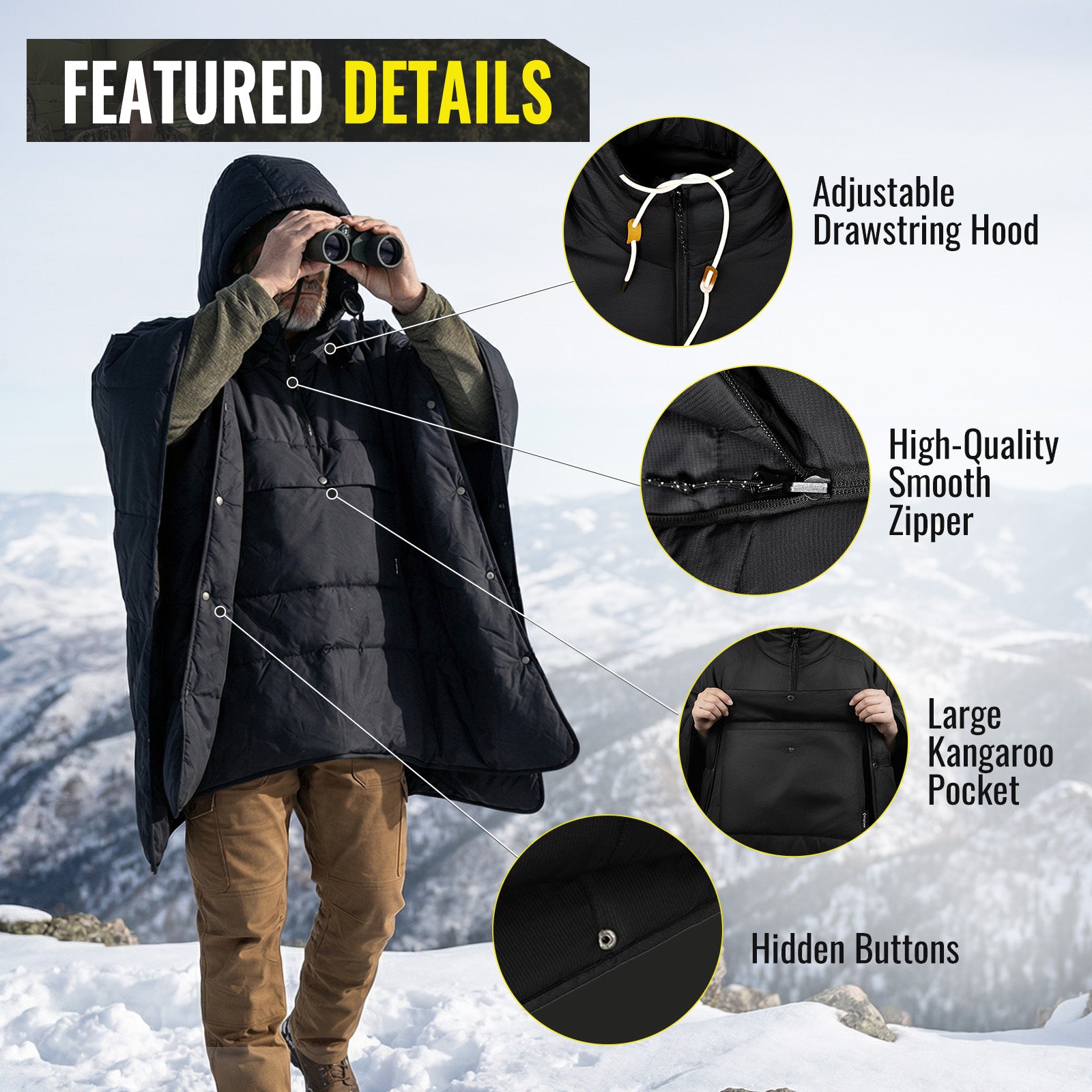 MURANO 180 Wearable 3-in-1 Convertible Camping Poncho with Kangaroo Pocket
