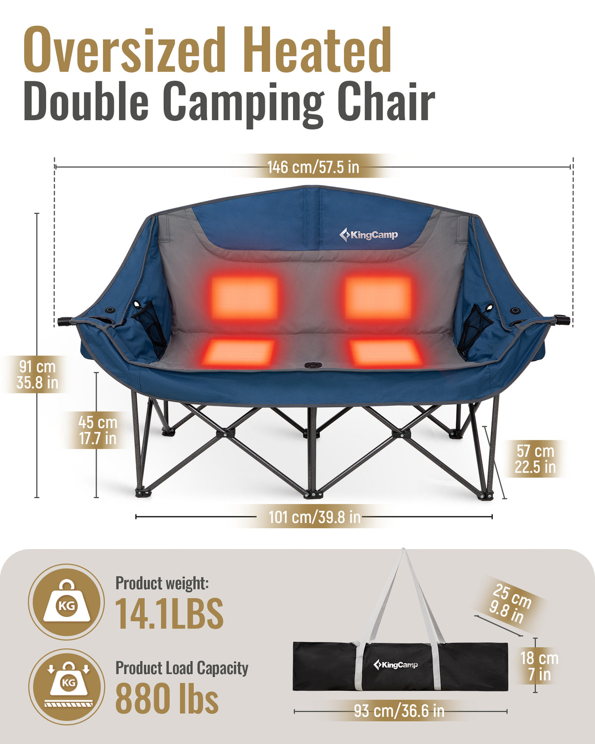 Silla de camping KingCamp CANNA C20 PLUS con calefacción y asiento acolchado extragrande para dos personas con 3 ajustes de temperatura
