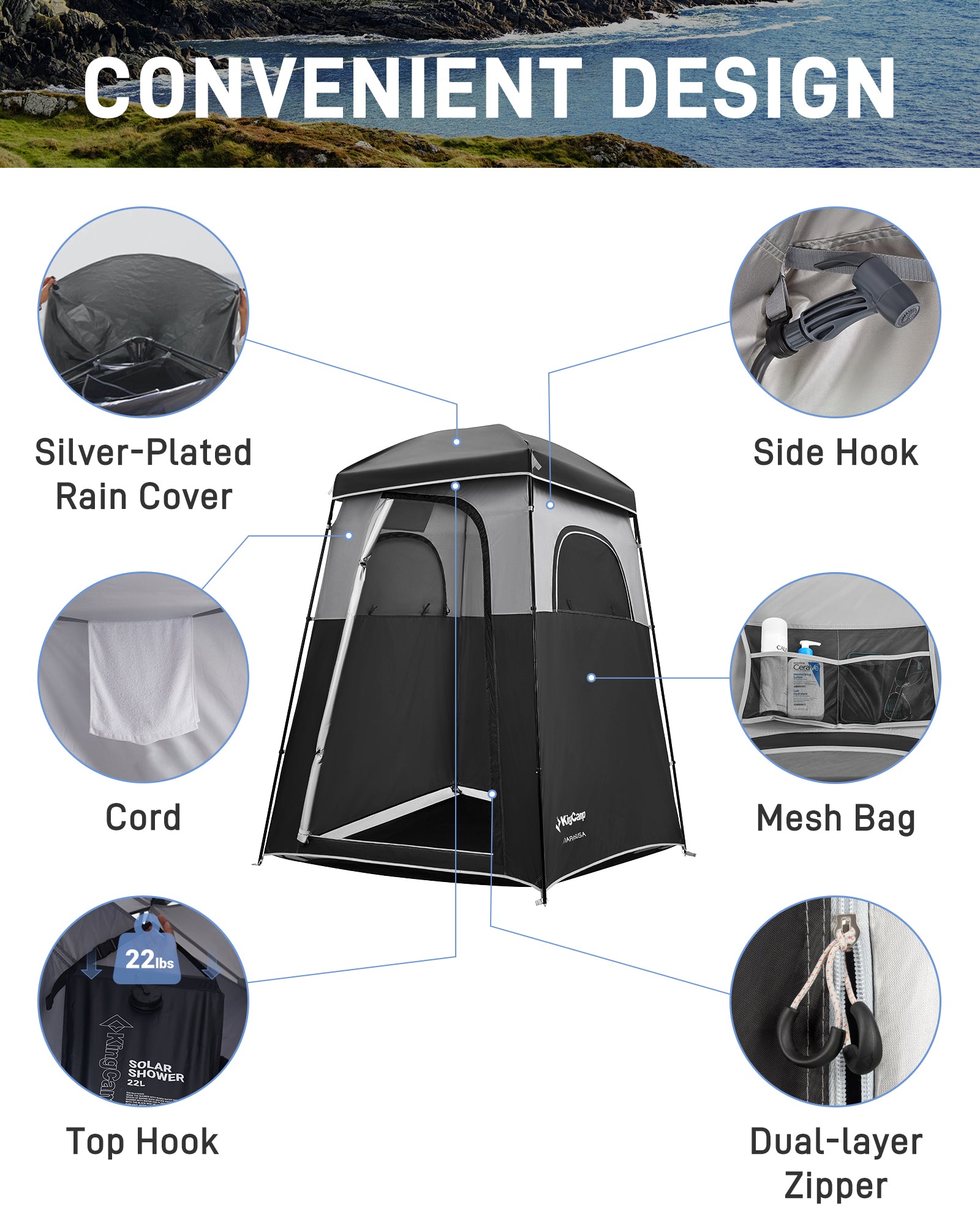 KingCamp Spacious Single Shower Tent Solar Shower Set