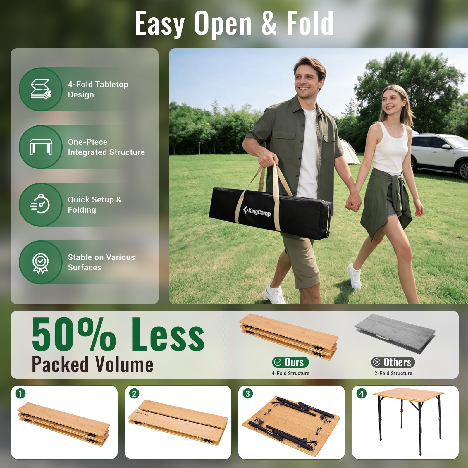 KingCamp BAMBOO P8060 PLUS 4-Fold Bamboo Camping Table