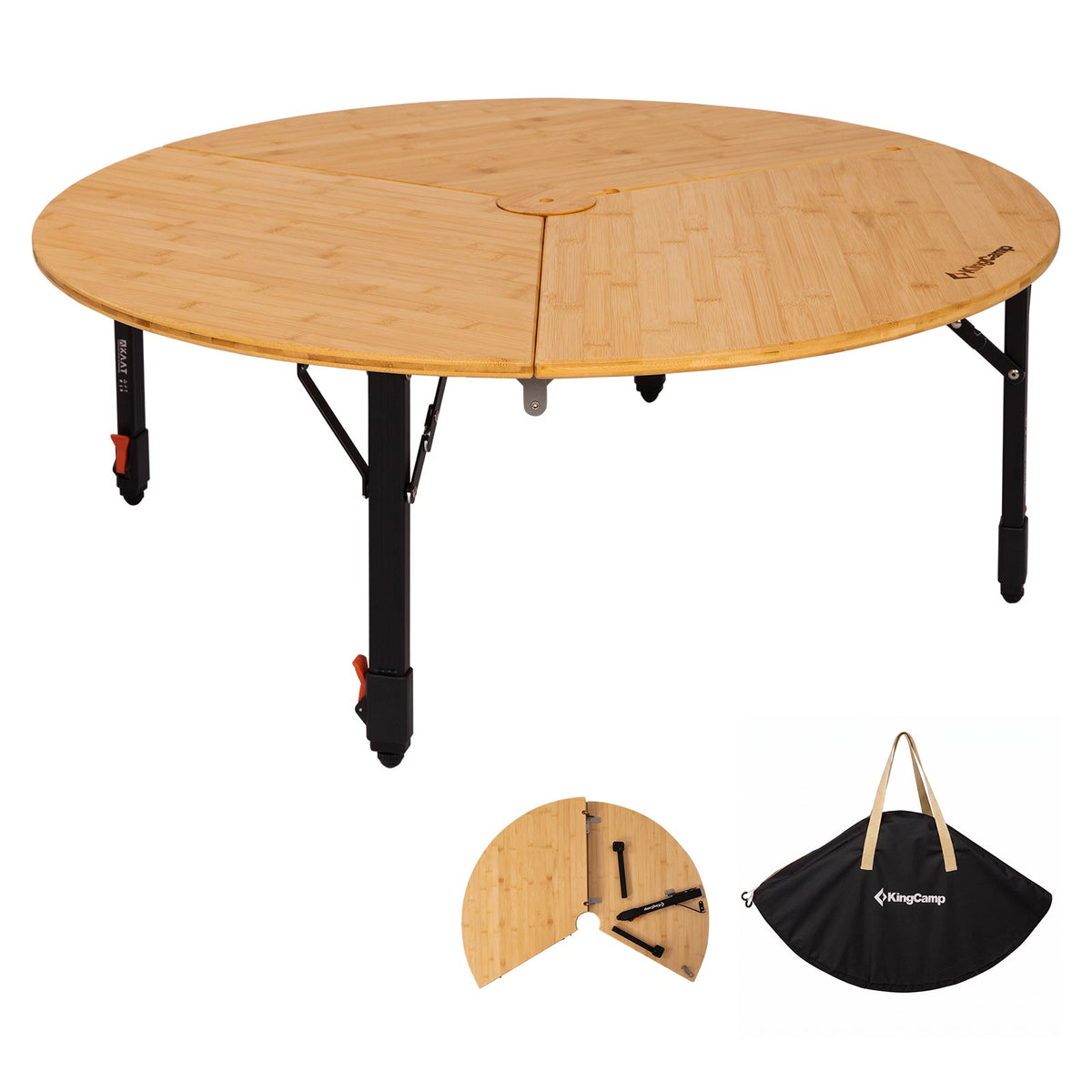KingCamp BAMBOO P95D PLUS Round Bamboo Camping Table, 14.2"-23.6" Adjustable Height, 37.4" Folding Outdoor Table
