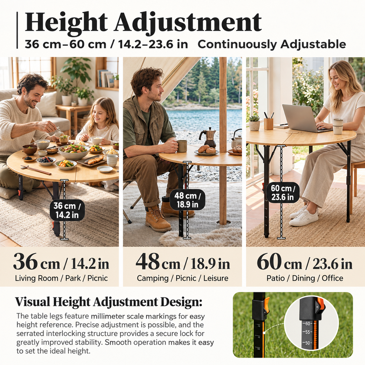 KingCamp BAMBOO P95D PLUS Round Bamboo Camping Table, 14.2"-23.6" Adjustable Height, 37.4" Folding Outdoor Table
