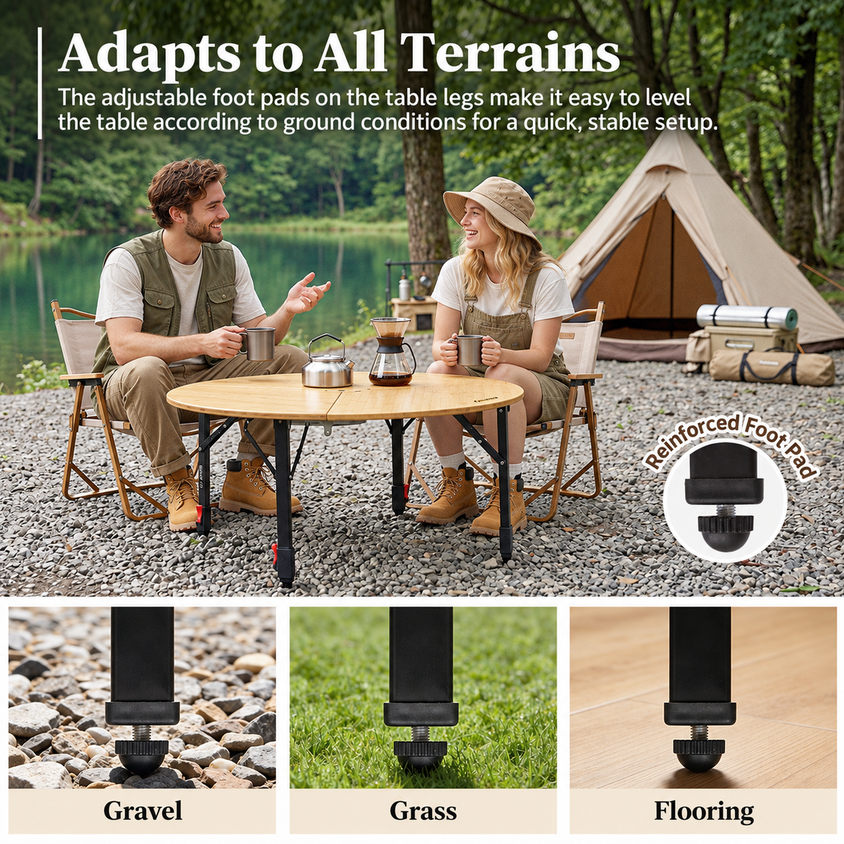 KingCamp BAMBOO P95D PLUS Round Bamboo Camping Table, 14.2"-23.6" Adjustable Height, 37.4" Folding Outdoor Table