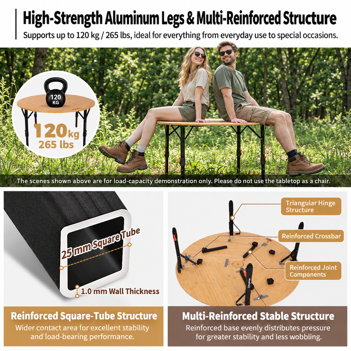 KingCamp BAMBOO P95D PLUS Round Bamboo Camping Table, 14.2"-23.6" Adjustable Height, 37.4" Folding Outdoor Table