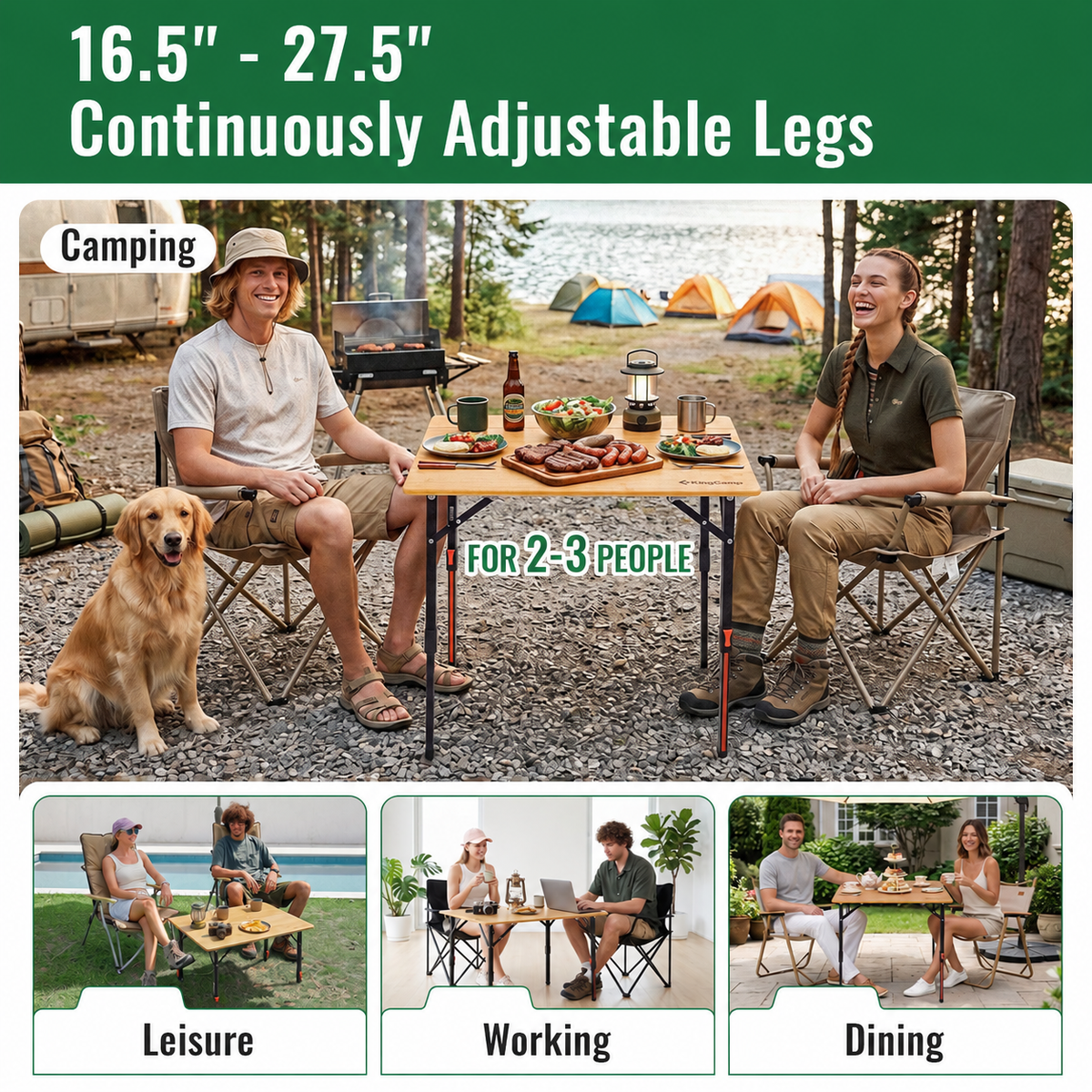 KingCamp BamAura 4Fold Bamboo Camping Table, Adjustable Height 16.5"-27.5", Portable Folding Table for 2-3 People