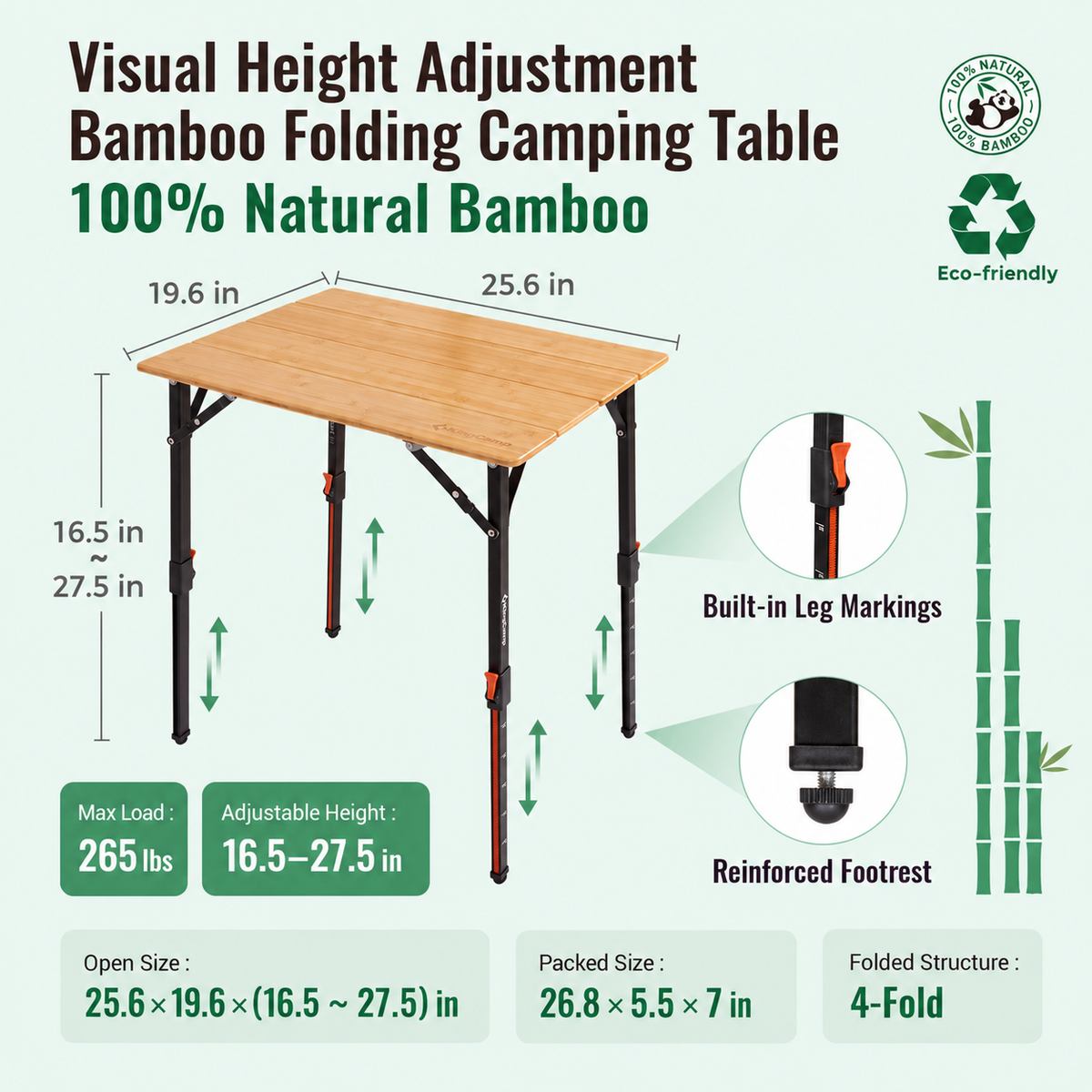 KingCamp BamAura 4Fold Bamboo Camping Table, Adjustable Height 16.5"-27.5", Portable Folding Table for 2-3 People
