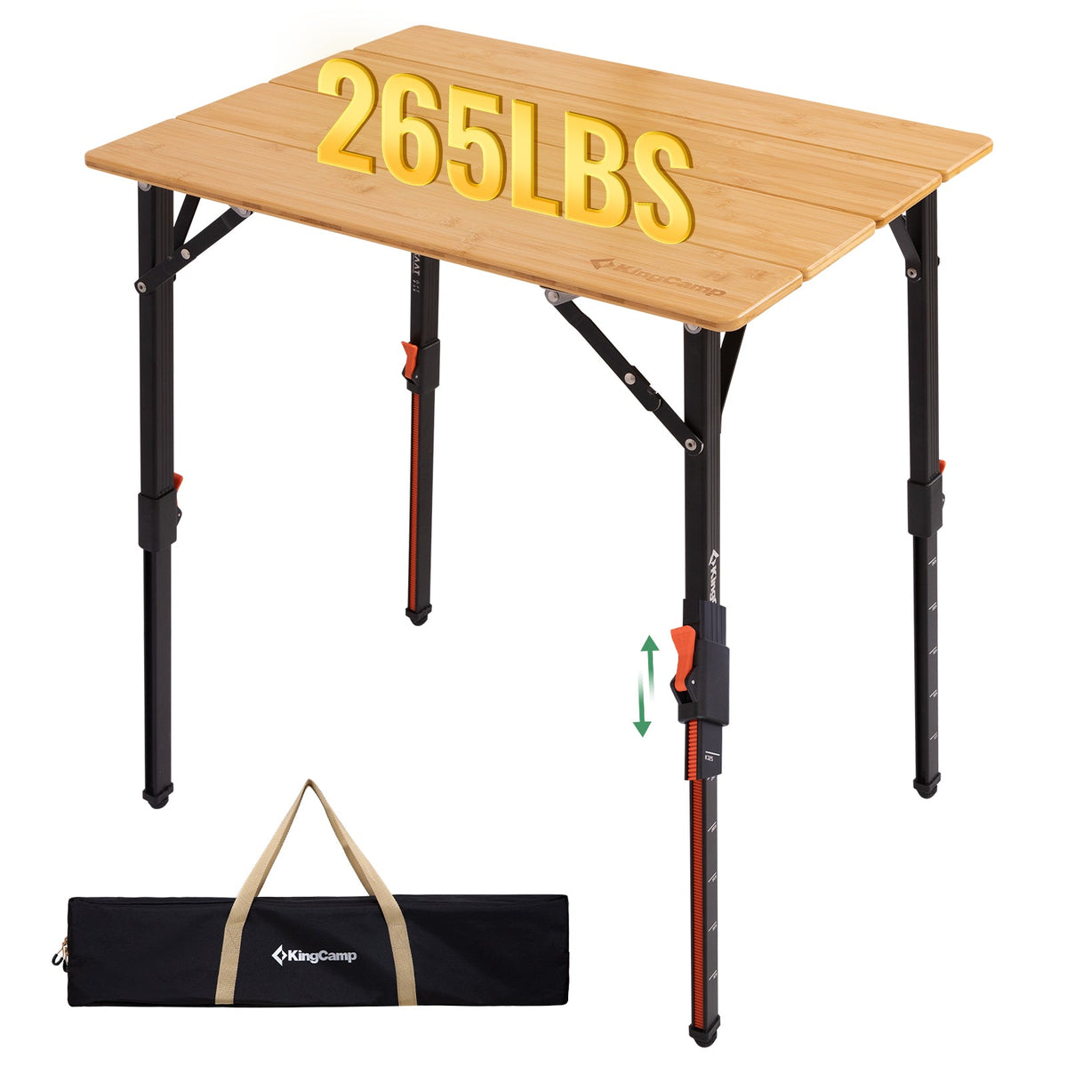 KingCamp BamAura 4Fold Bamboo Camping Table, Adjustable Height 16.5"-27.5", Portable Folding Table for 2-3 People