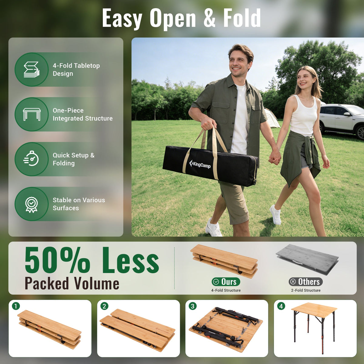 KingCamp BamAura 4Fold Bamboo Camping Table, Adjustable Height 16.5"-27.5", Portable Folding Table for 2-3 People