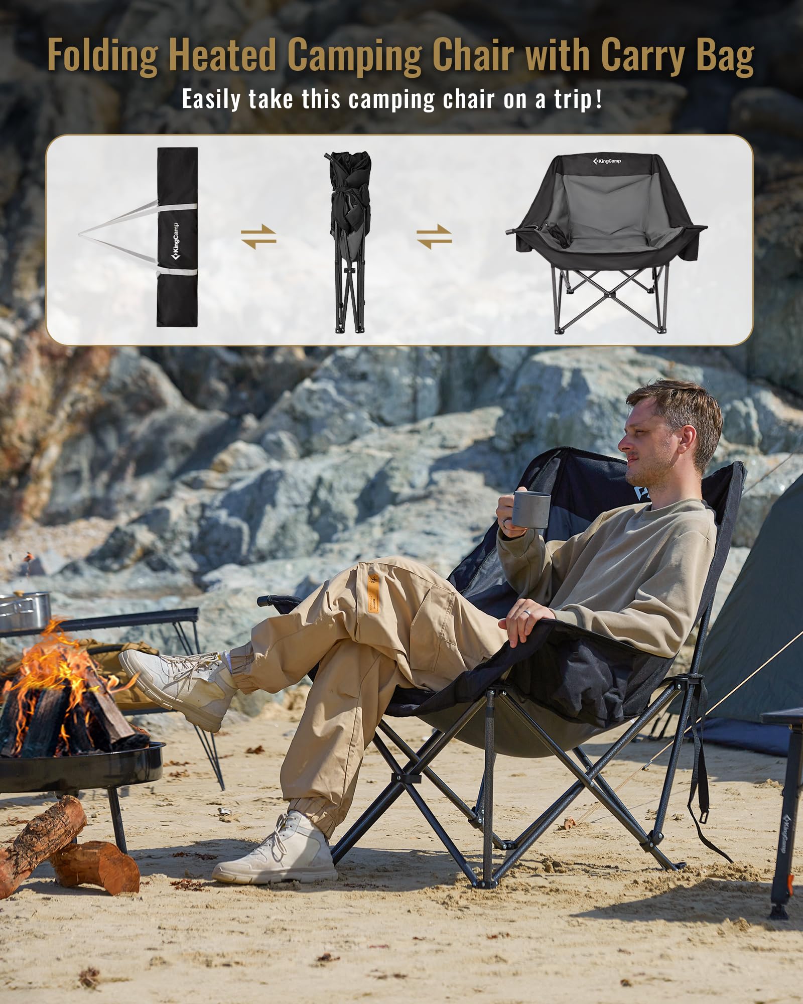 KingCamp Folding Heated Camping Chair - Oversized Single Chair with Carry Bag
