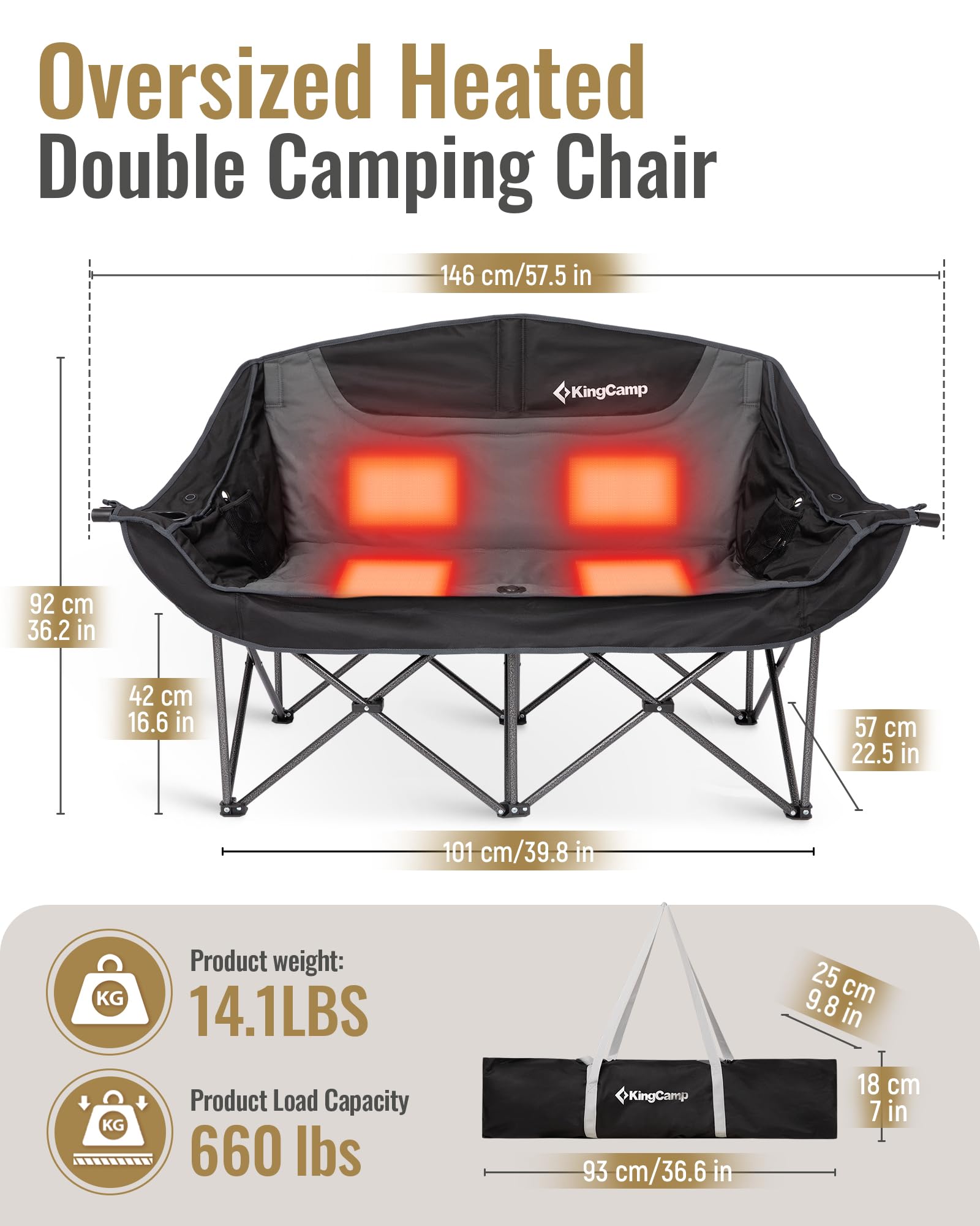 KingCamp CANNA C20 PLUS Heated Loveseat Camping Chair - 2-Person Overs