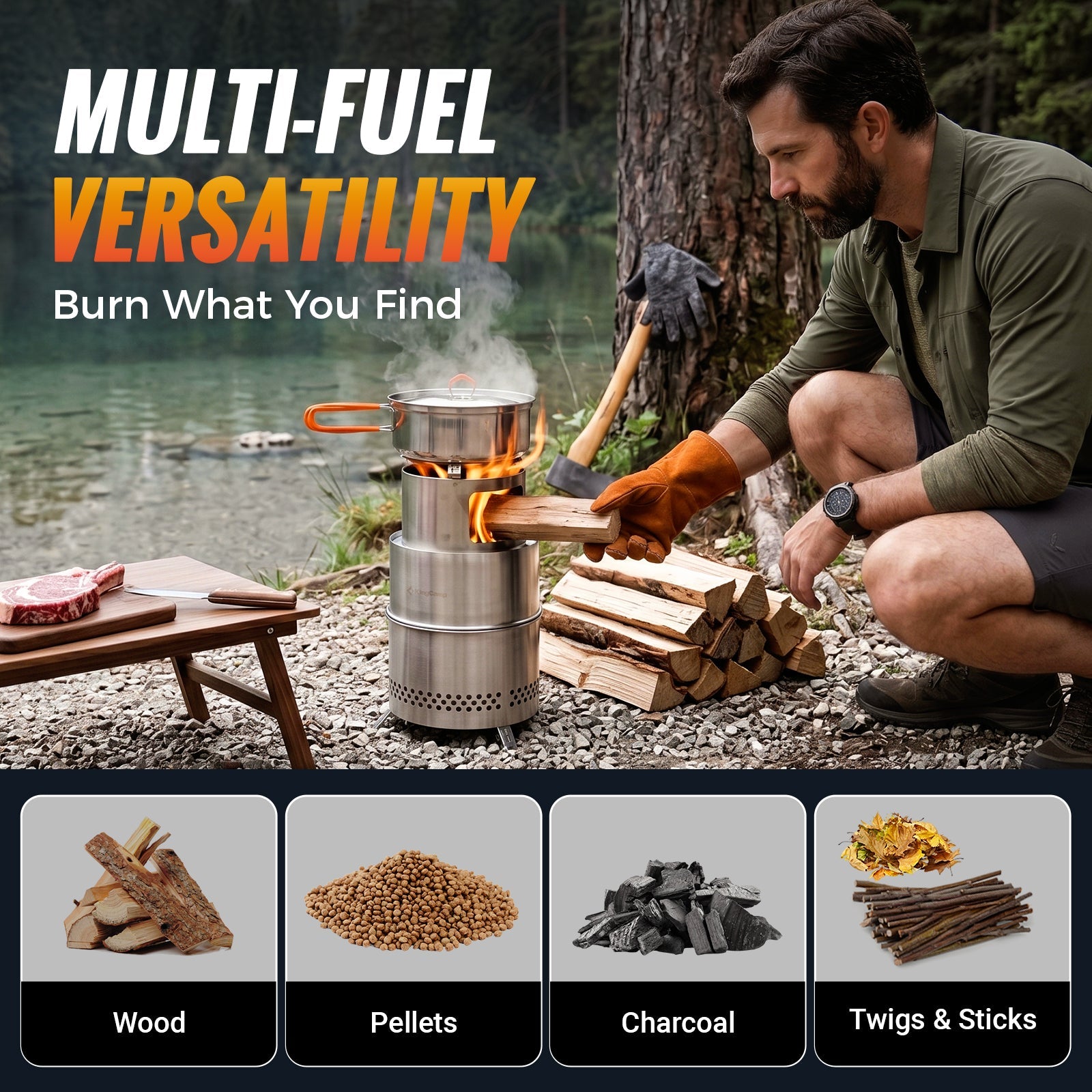 KingCamp FIREWOOD M Folding Wood Stove, Portable Stainless Steel Campfire Stove for Camping, BBQ, Cooking & Boiling Water