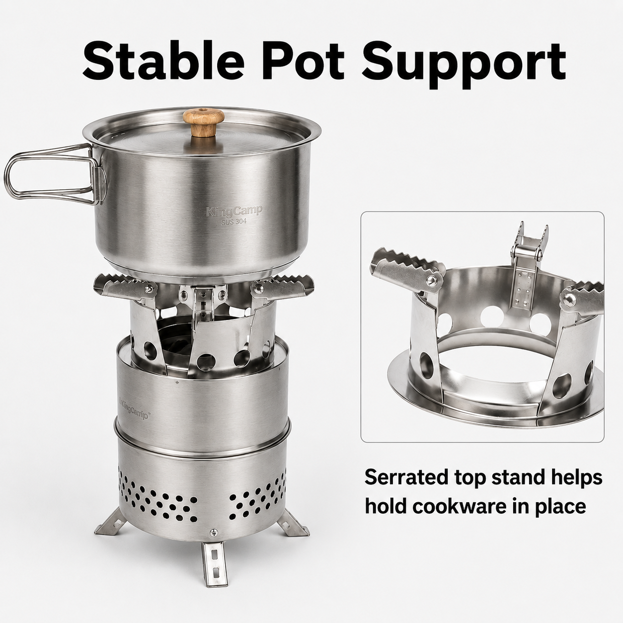 KingCamp FIREWOOD S Mini Folding Wood Stove with stable pot support, serrated top stand helps hold cookware in place