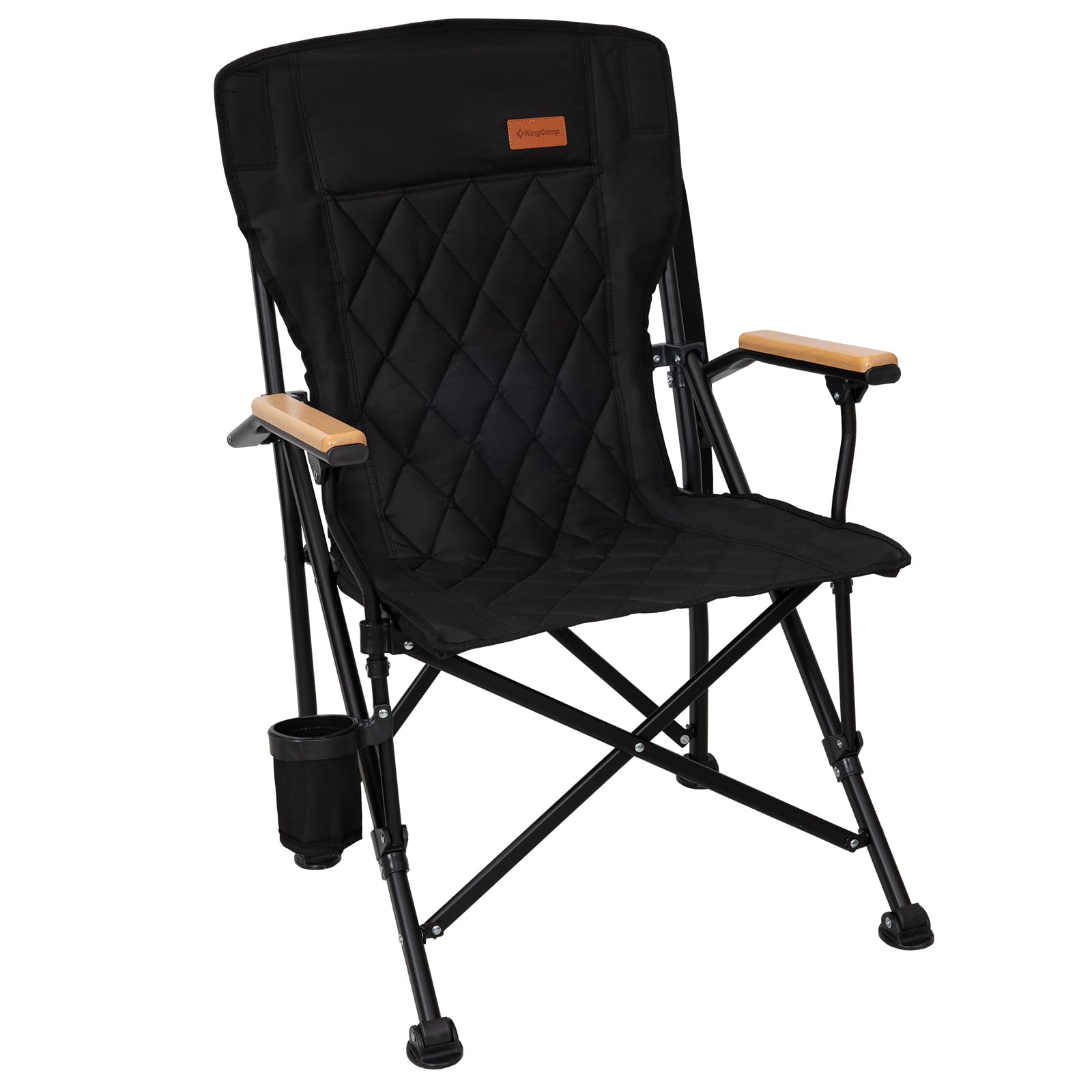 KingCamp GUAVA C00 Padded Folding Camping Chair, High Back Outdoor Armchair with Beech Wood Armrests, Cup Holder, Adjustable Feet & Carry Bag, 300 lbs Capacity