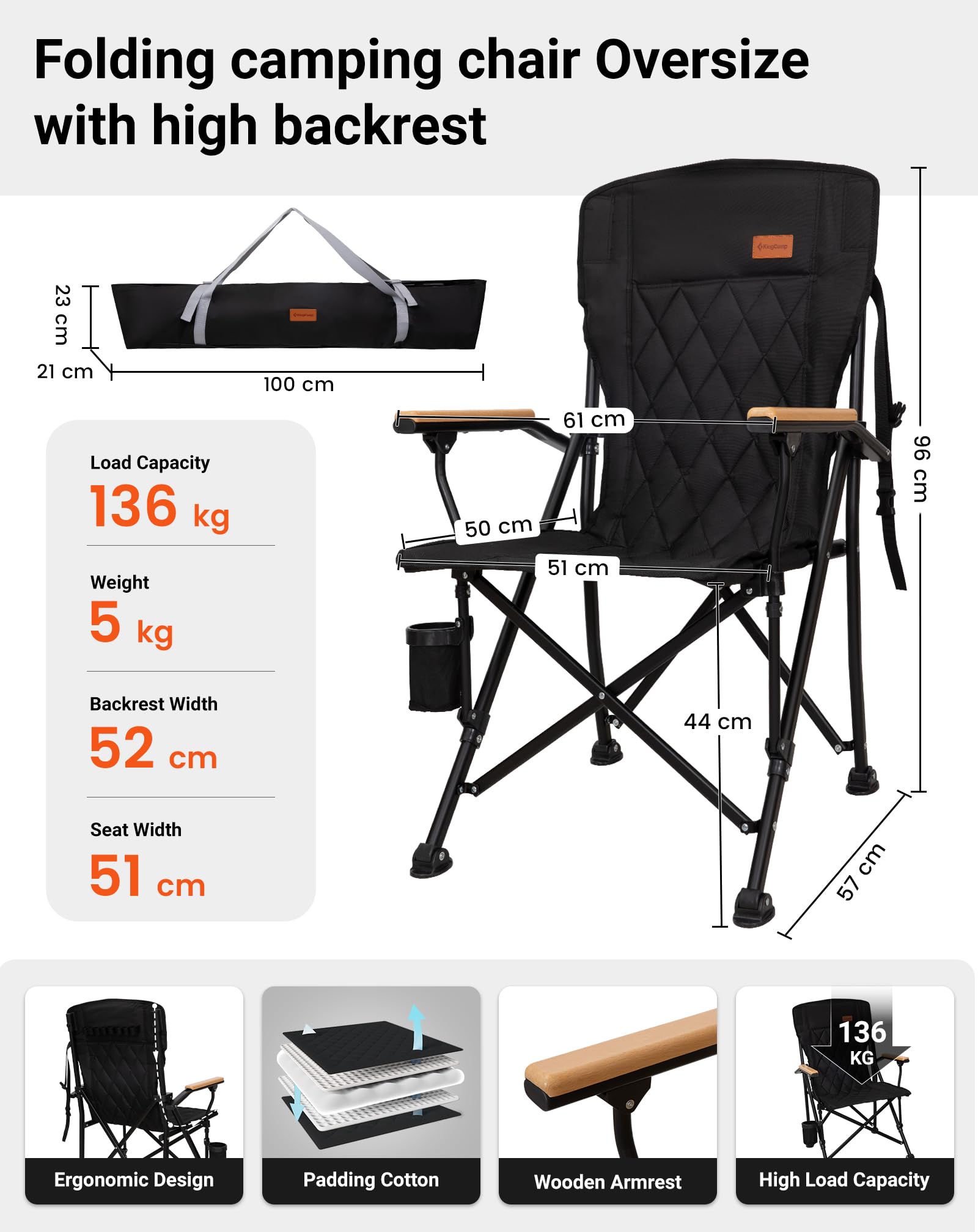 KingCamp GUAVA C00 Padded Folding Camping Chair, High Back Outdoor Armchair with Beech Wood Armrests, Cup Holder, Adjustable Feet & Carry Bag, 300 lbs Capacity