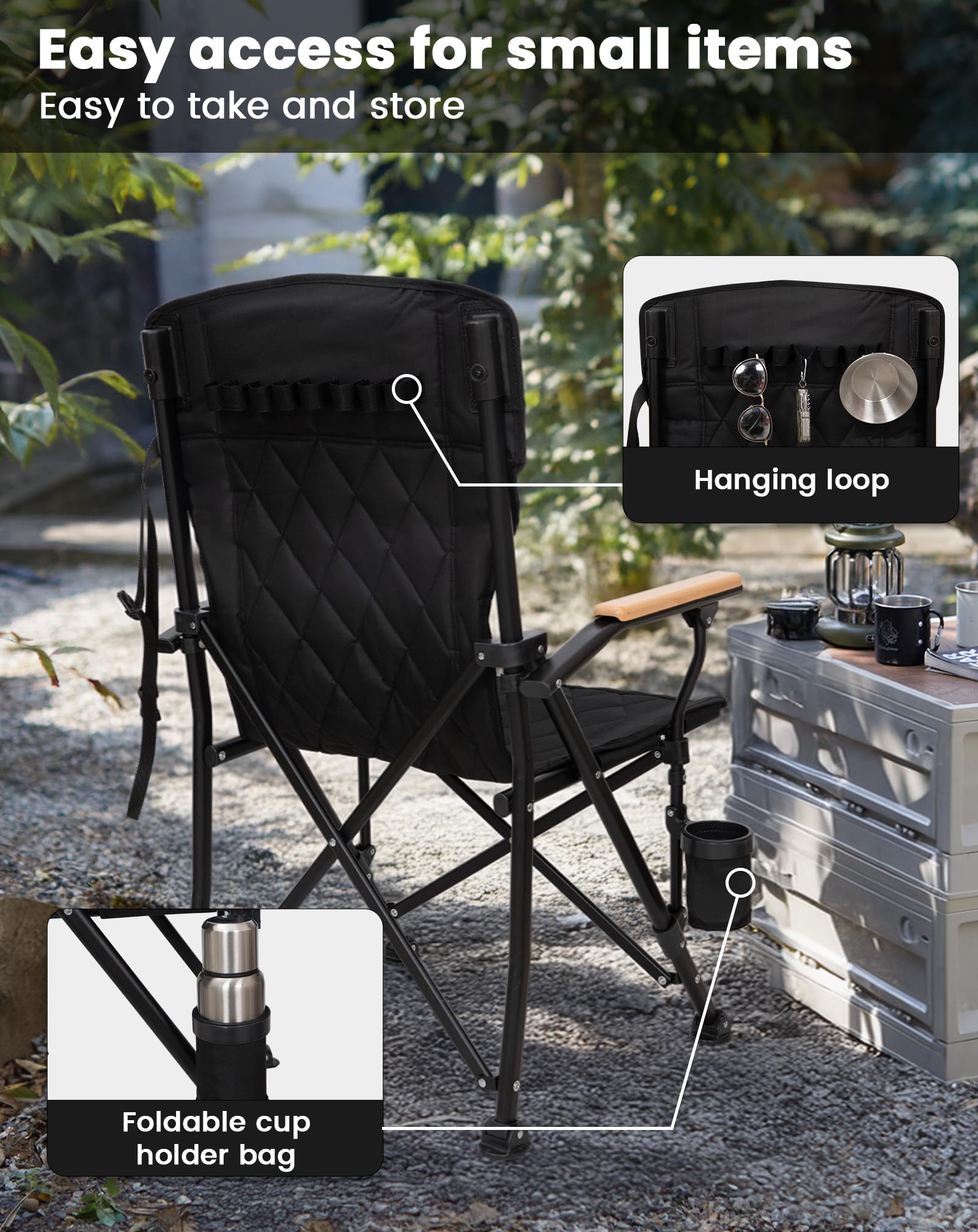 KingCamp GUAVA C00 Padded Folding Camping Chair, High Back Outdoor Armchair with Beech Wood Armrests, Cup Holder, Adjustable Feet & Carry Bag, 300 lbs Capacity