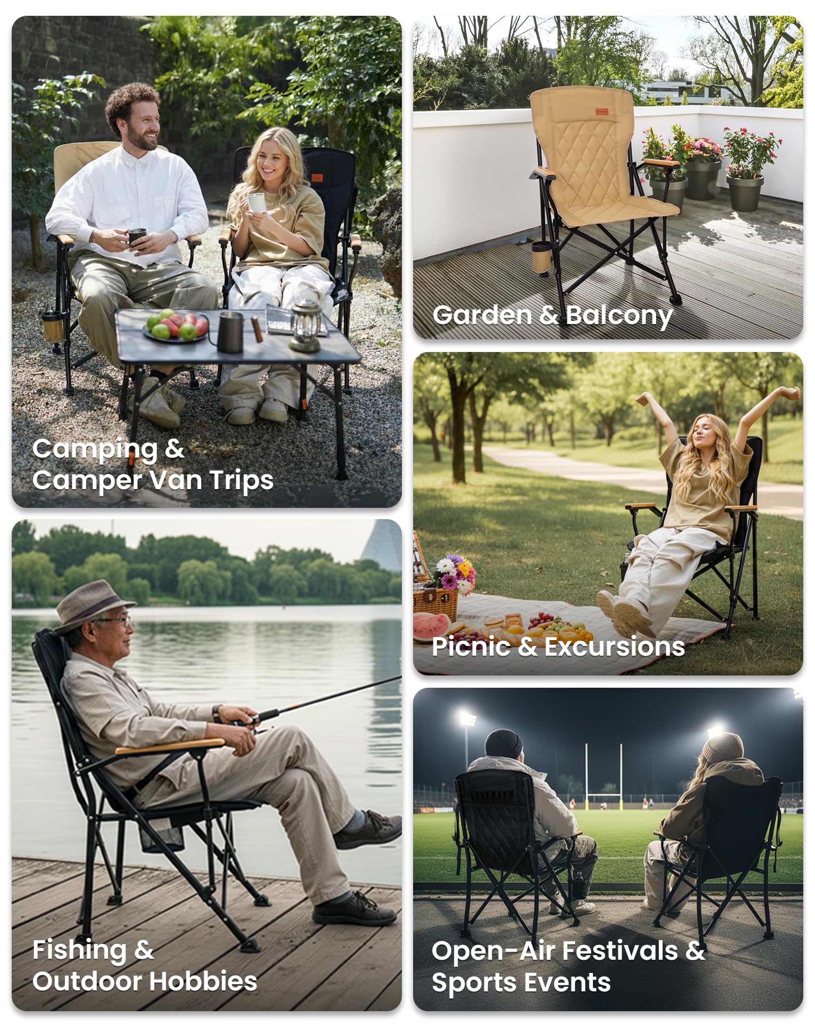 KingCamp GUAVA C00 Padded Folding Camping Chair, High Back Outdoor Armchair with Beech Wood Armrests, Cup Holder, Adjustable Feet & Carry Bag, 300 lbs Capacity