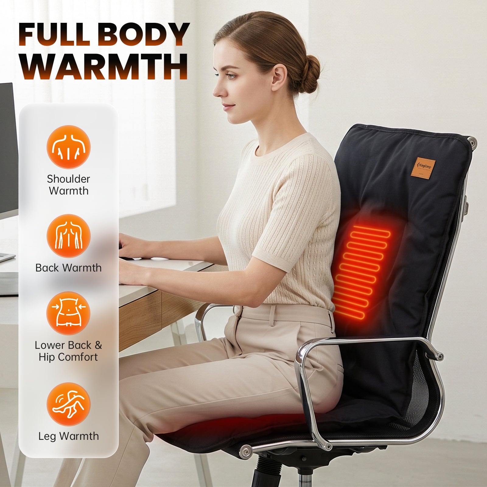 KingCamp Heated Seat Cushion for Camping Chair, 3 Heat Settings Heated Chair Pad with Full Back + Seat Coverage