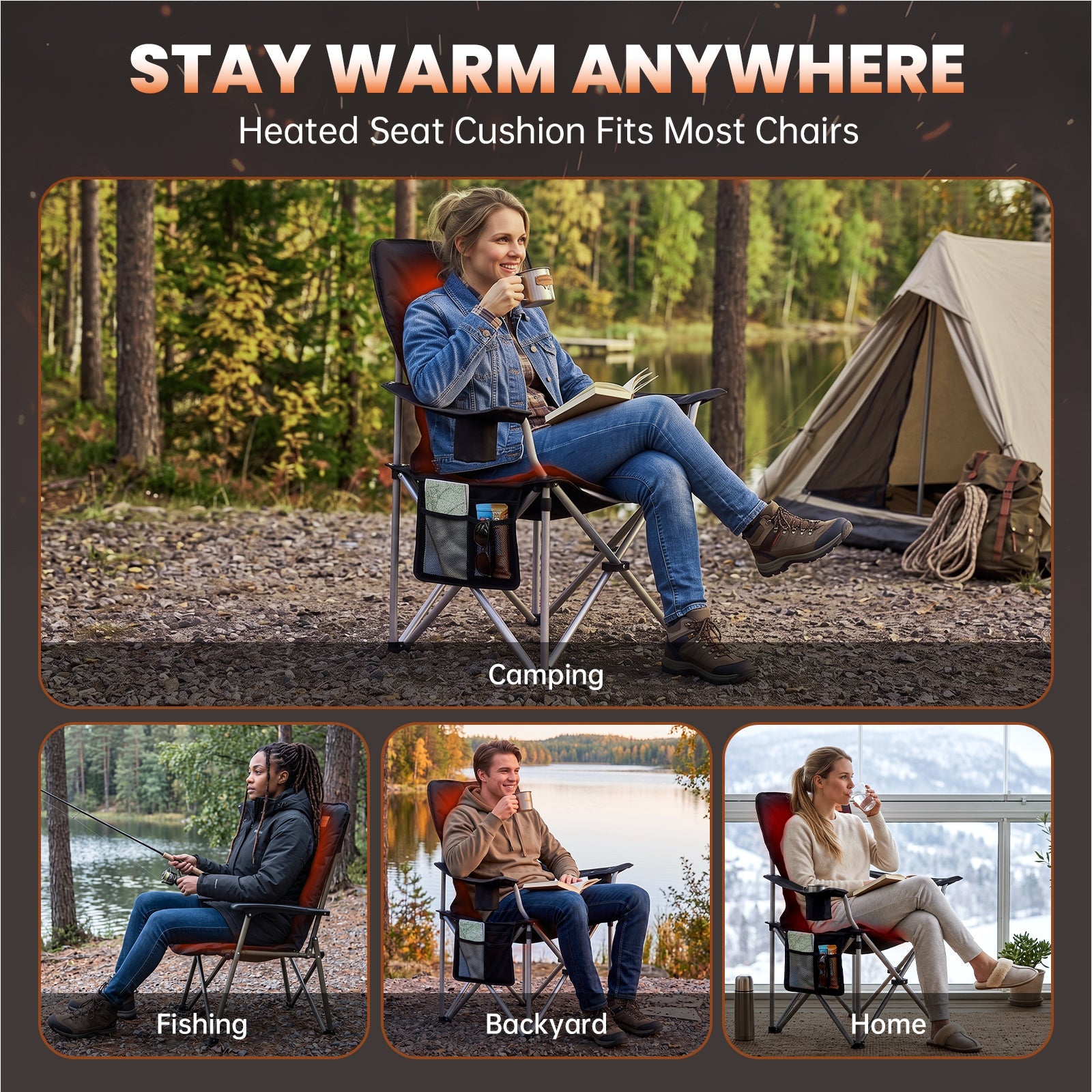 KingCamp Heated Seat Cushion for Camping Chair, Dual-Zone Heated Chair Pad with 3 Heat Settings, Full Back & Seat Coverage for Winter Camping & Ice Fishing