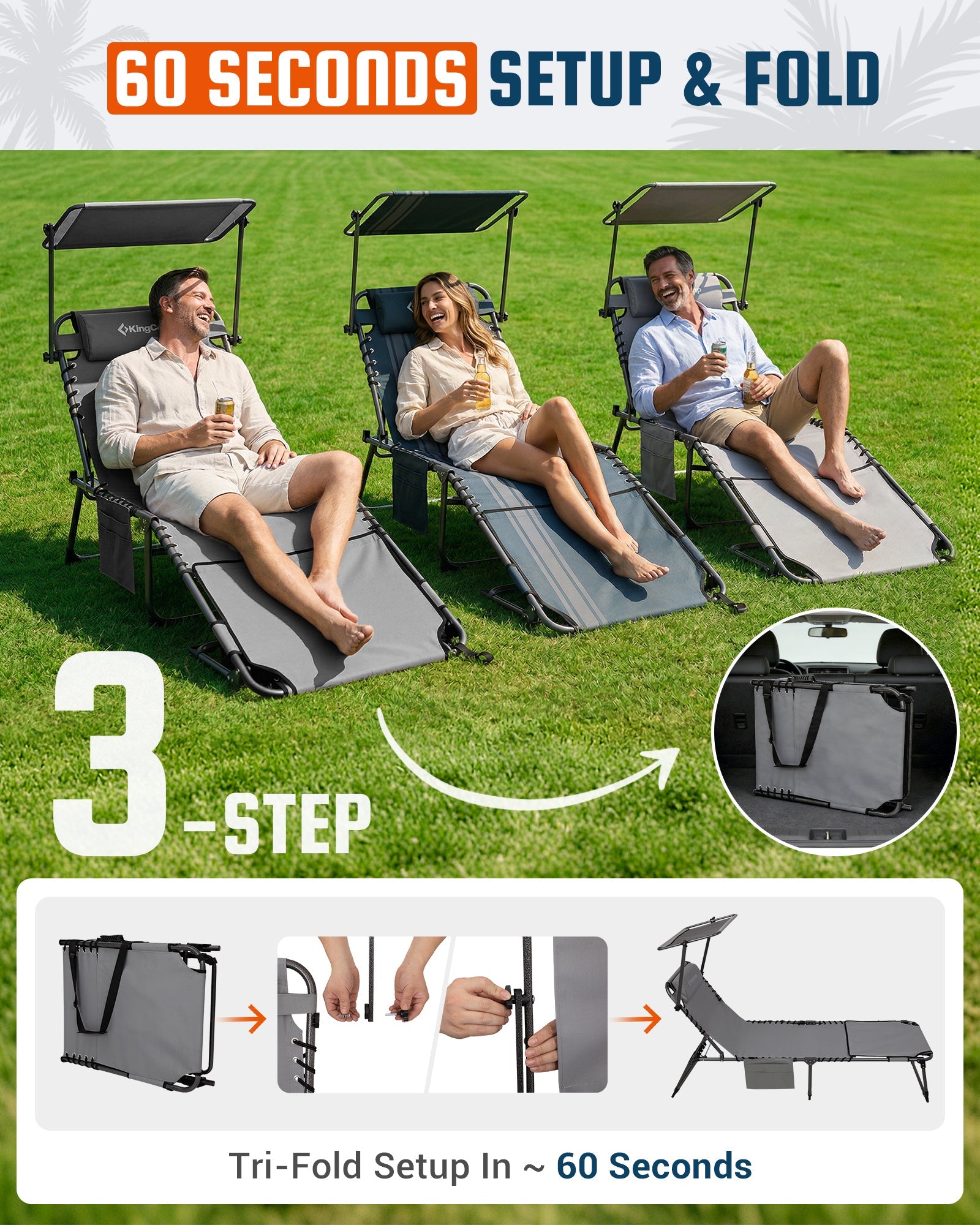 KingCamp Heavy Duty Folding Tanning Chair with Face Hole & Canopy Shade | 400lb Capacity