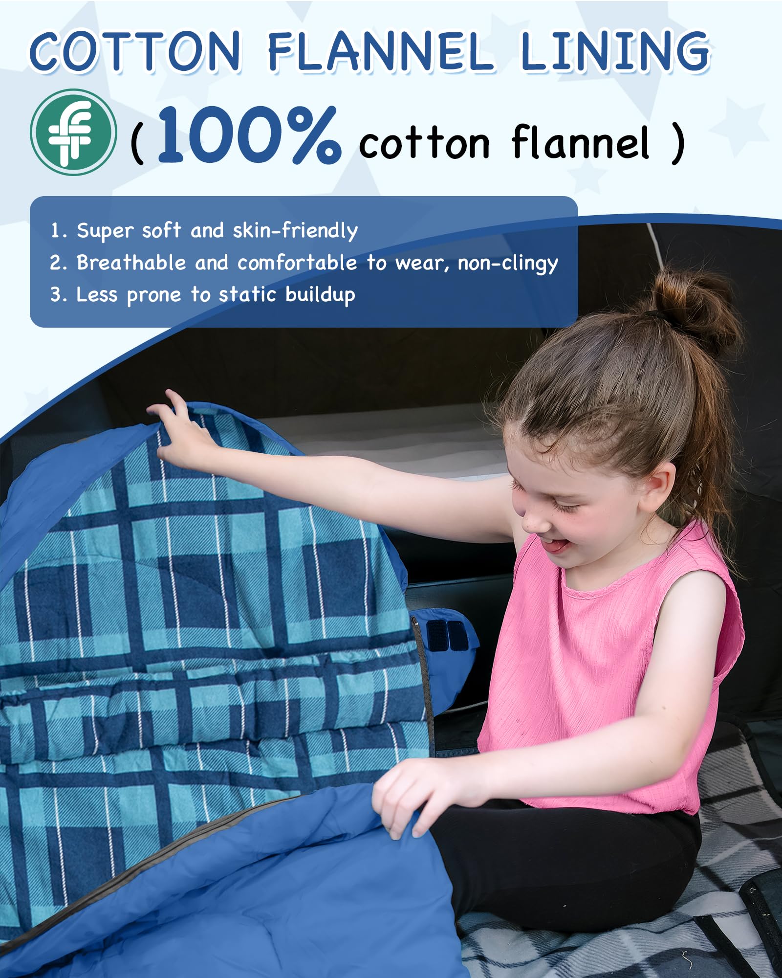 KingCamp Kids Mummy Sleeping Bag - 100% Cotton Flannel Lining