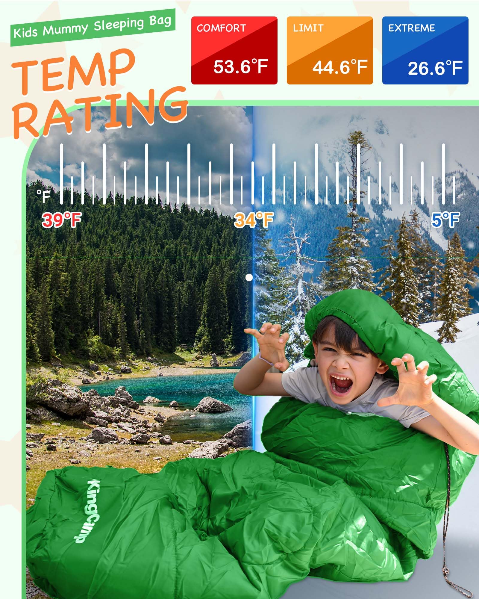 KingCamp Kids Mummy Sleeping Bag - Temperature Rating: 12¡ãC / 7¡ãC / -3¡ãC (54¡ãF / 45¡ãF / 26¡ãF)