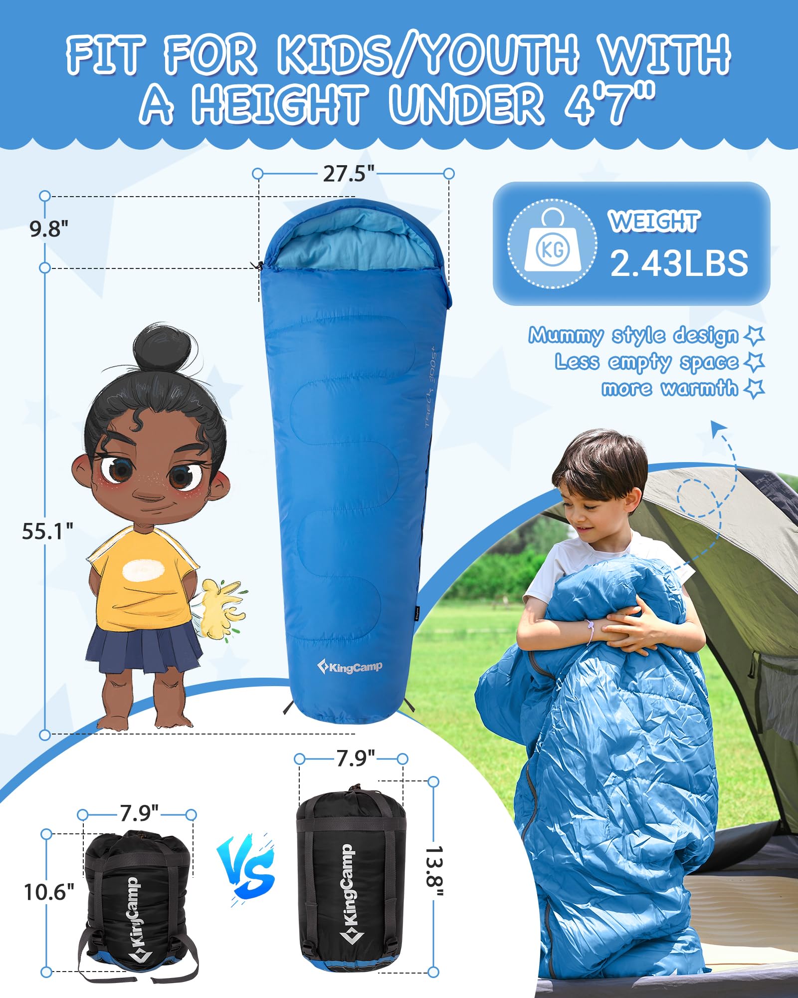 KingCamp Kids Mummy Sleeping Bag - 3-Season Warm & Snug Fit for Camping, Ages 8-12 (up to 4'7" Tall)