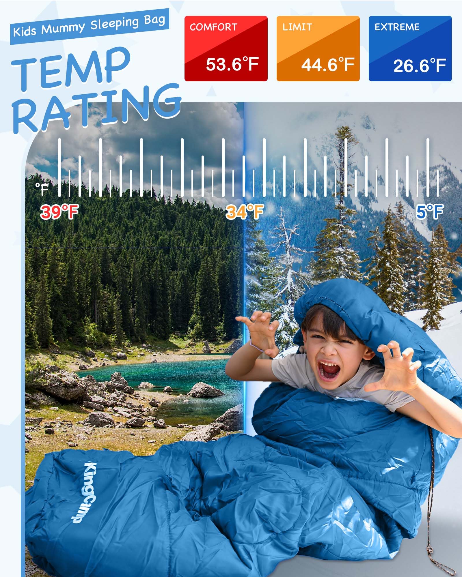 KingCamp Kids Mummy Sleeping Bag - Temperature Rating: 12¡ãC / 7¡ãC / -3¡ãC (54¡ãF / 45¡ãF / 26¡ãF)