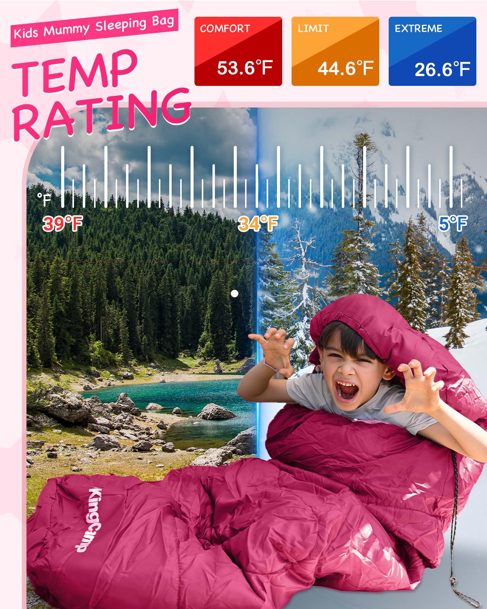 KingCamp Kids Mummy Sleeping Bag Pink - 100% Cotton Flannel Lining Temperature Rating: 12¡ãC / 7¡ãC / -3¡ãC (54¡ãF / 45¡ãF / 26¡ãF)