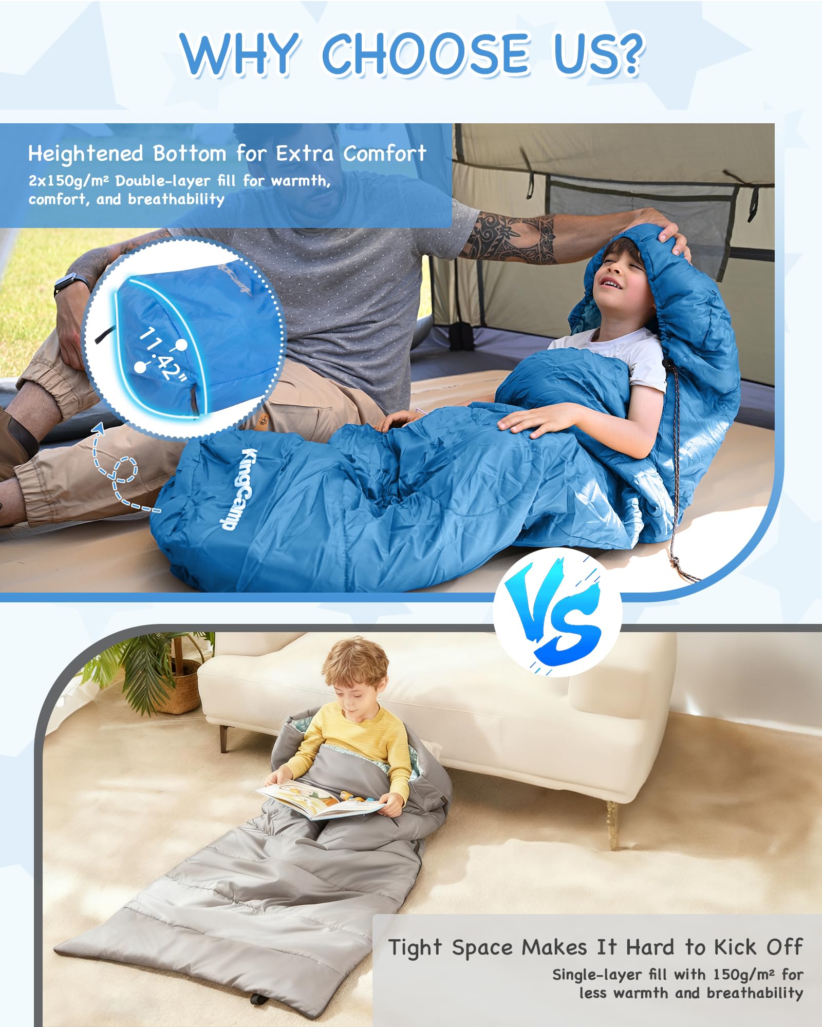 KingCamp Kids Mummy Sleeping Bag with Heightened Bottom for Extra Comfort