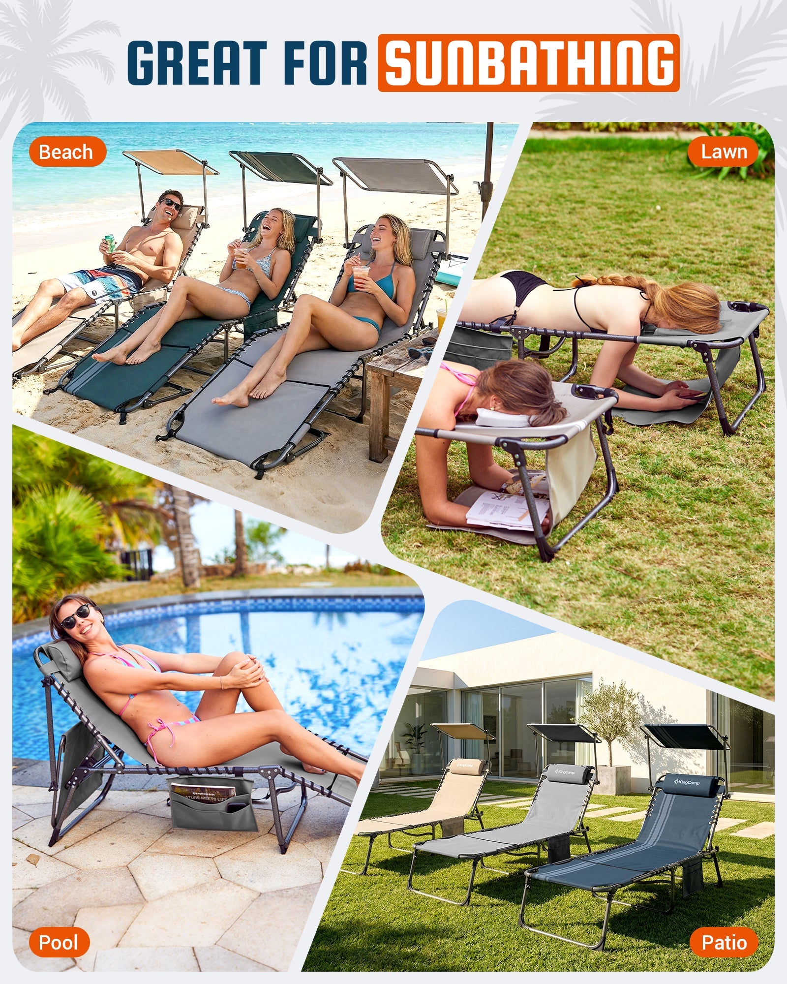KingCamp MAGNOLIA B30 Folding Tanning Chair with Face Hole & Canopy Shade | 400lb Capacity