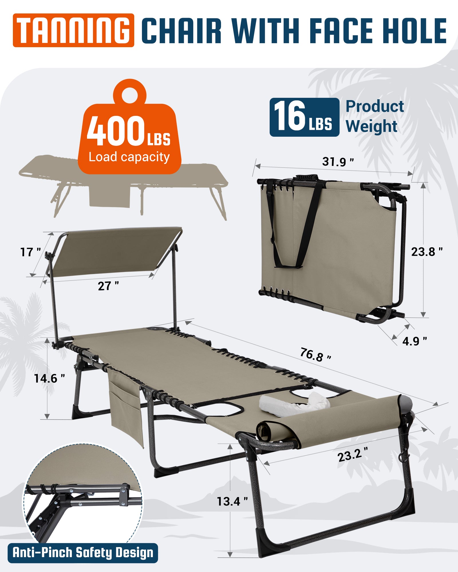 KingCamp MAGNOLIA B30 Folding Tanning Chair with Face Hole & Canopy Shade Anti-pinch safety design