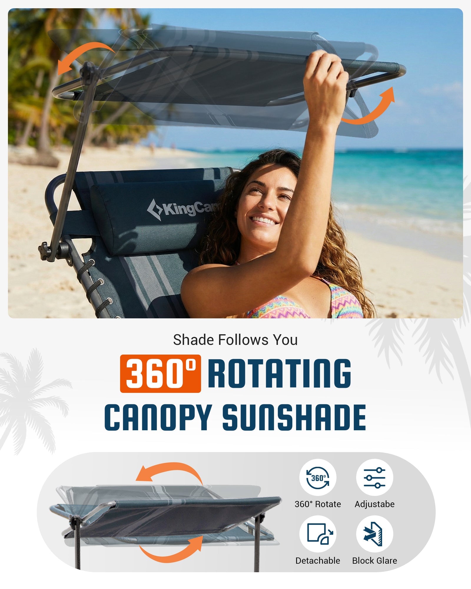 KingCamp MAGNOLIA B30 Folding Tanning Chair with 360 Rotating Canopy Sunshade