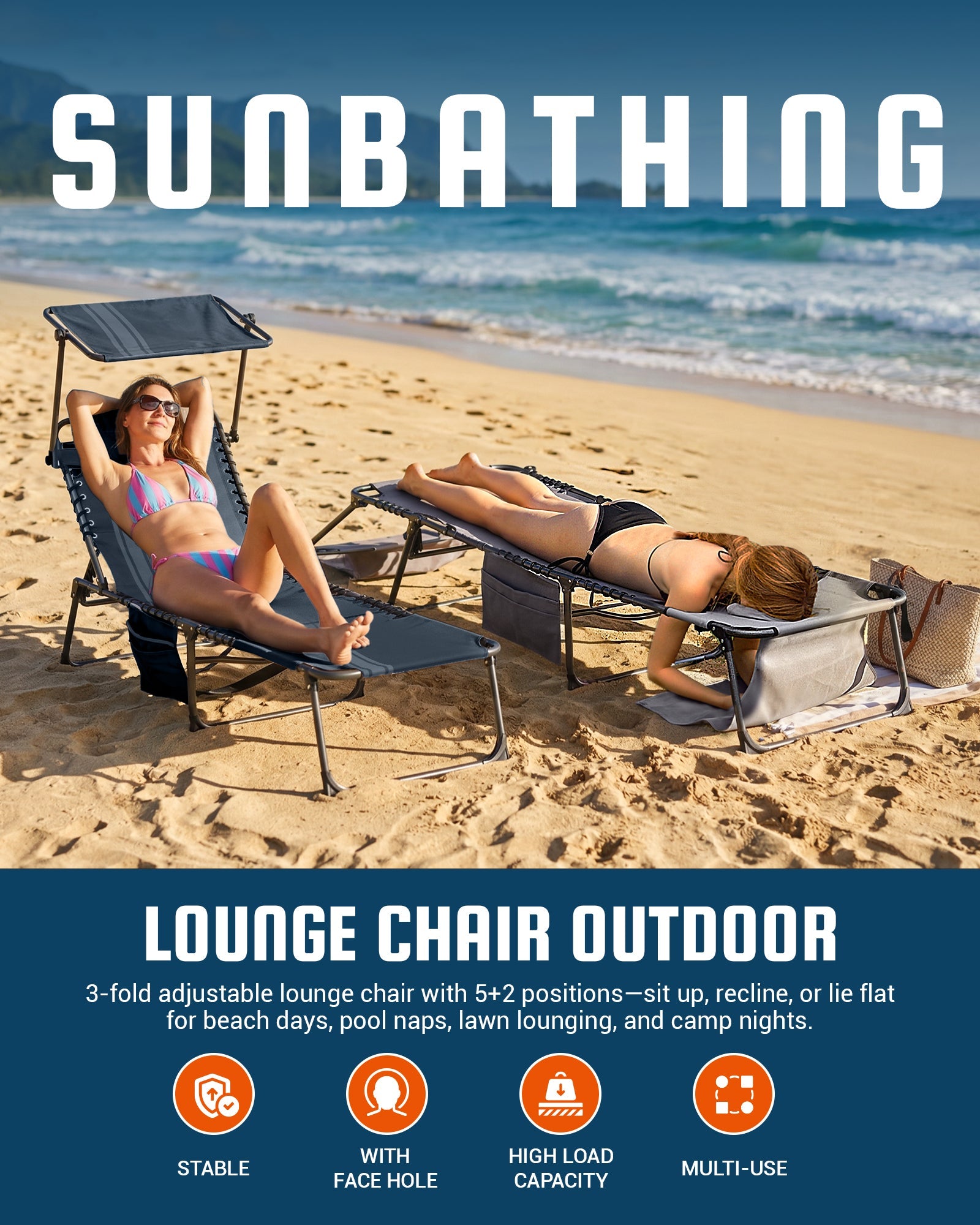 KingCamp MAGNOLIA B30 Folding Tanning Chair with Face Hole & Canopy Shade blue