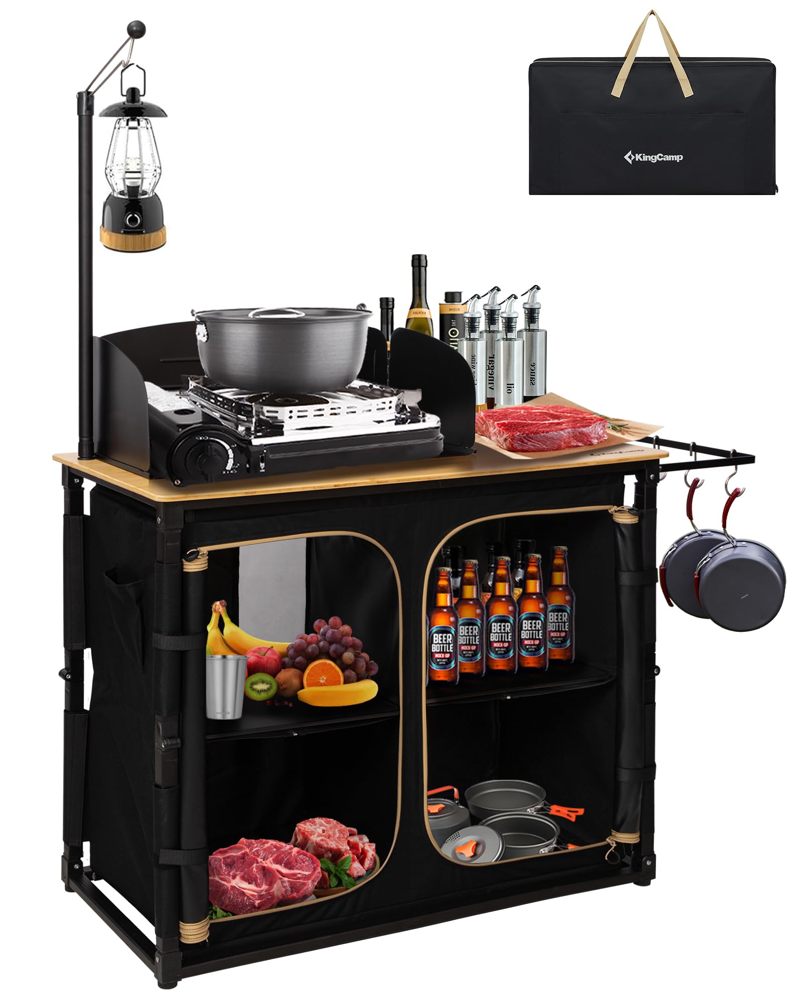 KingCamp Portable Camp Kitchen Table – Bamboo Top Grill Station with W